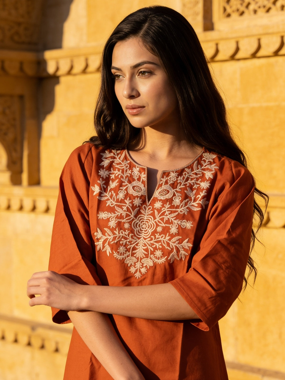 Buy Rayon Embroidered Straight Short Length Short Kurta-Rust
