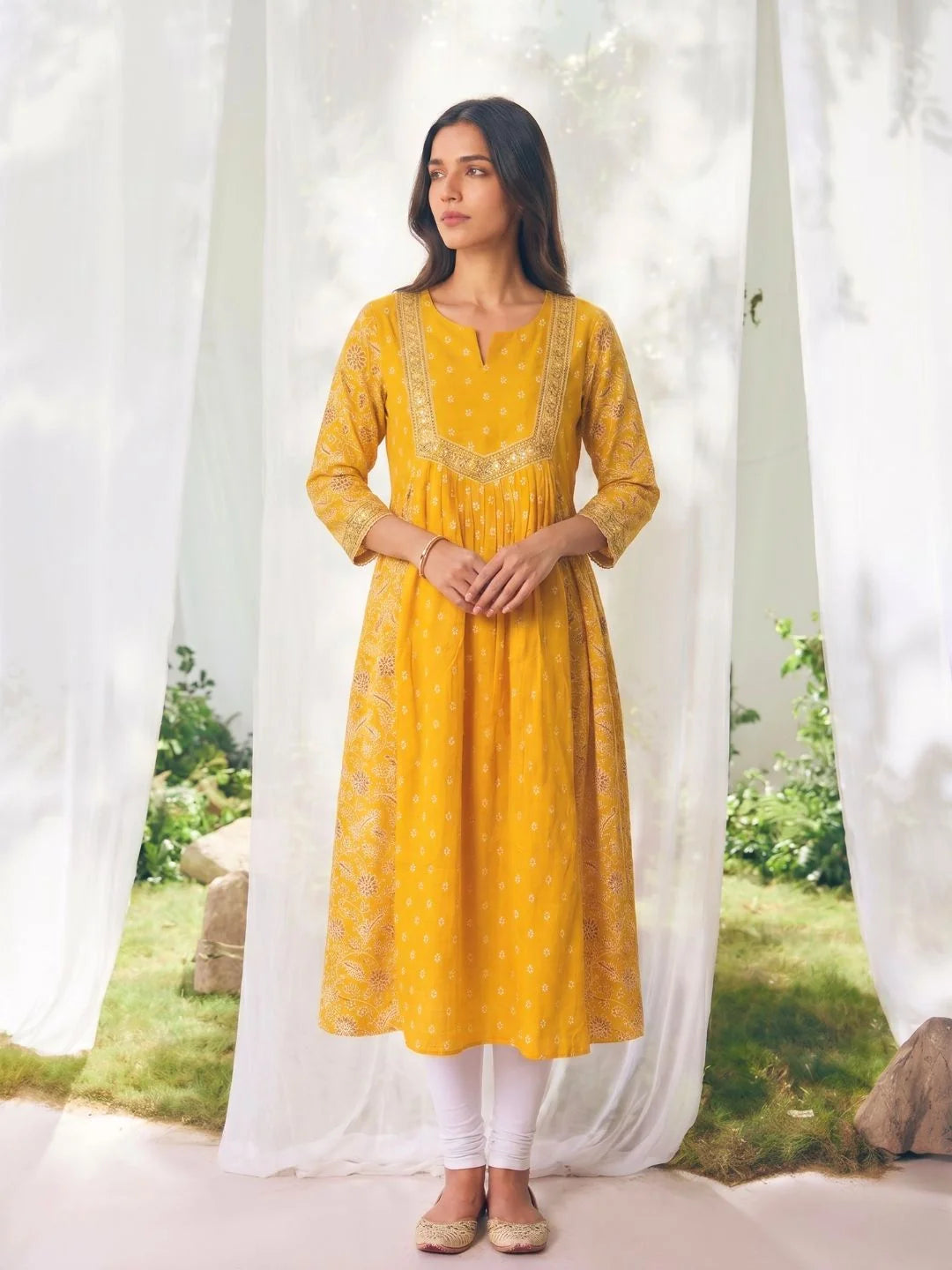 Buy Mustard Cotton Embroidered Anarkali Calf Length Dress-Mustard