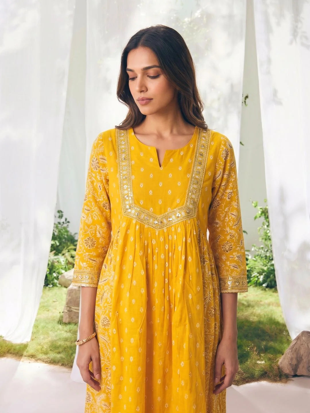 Buy Mustard Cotton Embroidered Anarkali Calf Length Dress-Mustard