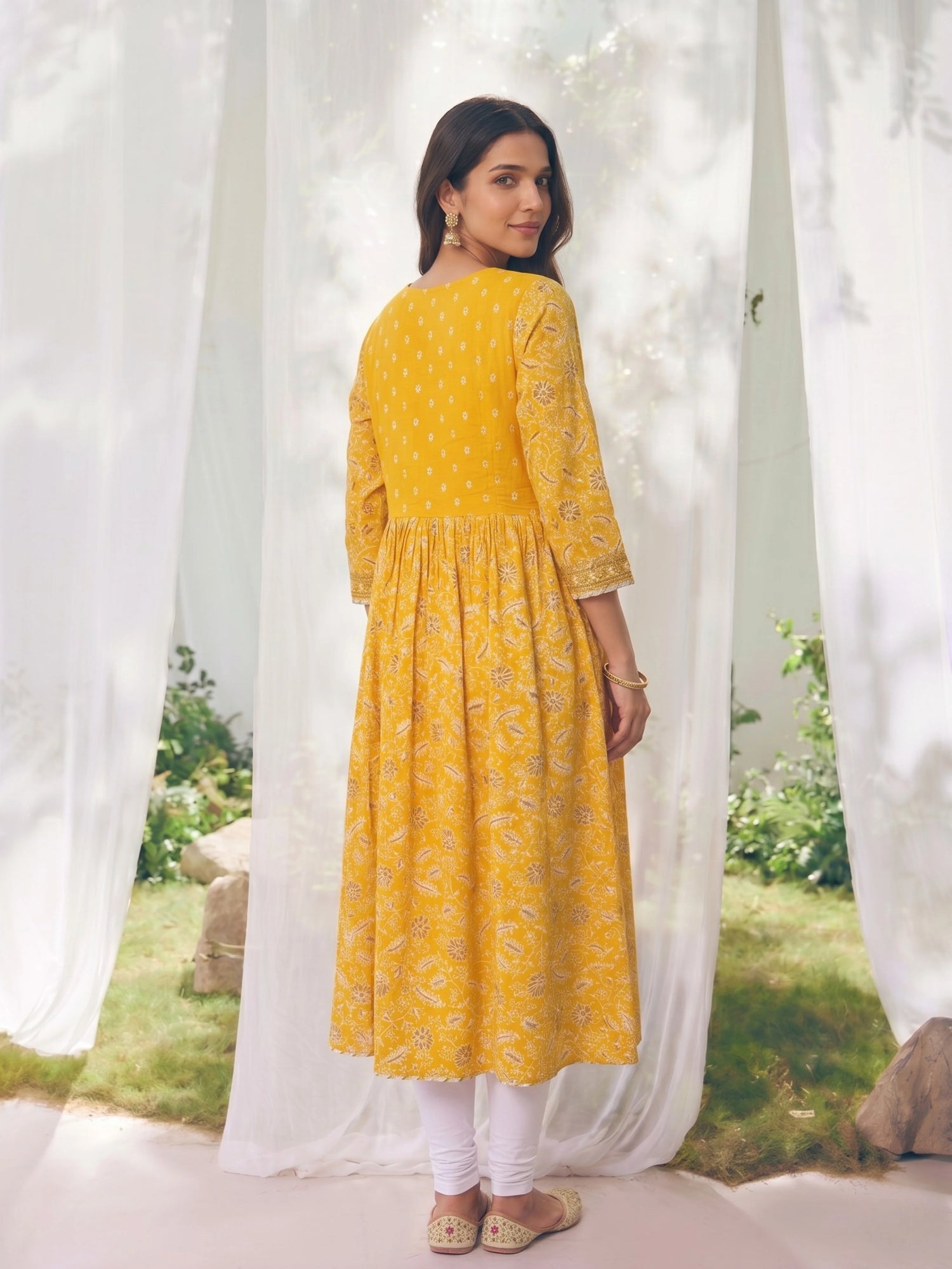 Buy Mustard Cotton Embroidered Anarkali Calf Length Dress-Mustard