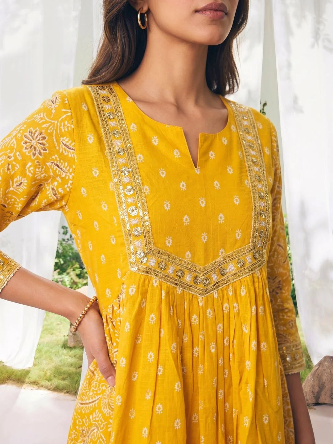Buy Mustard Cotton Embroidered Anarkali Calf Length Dress-Mustard