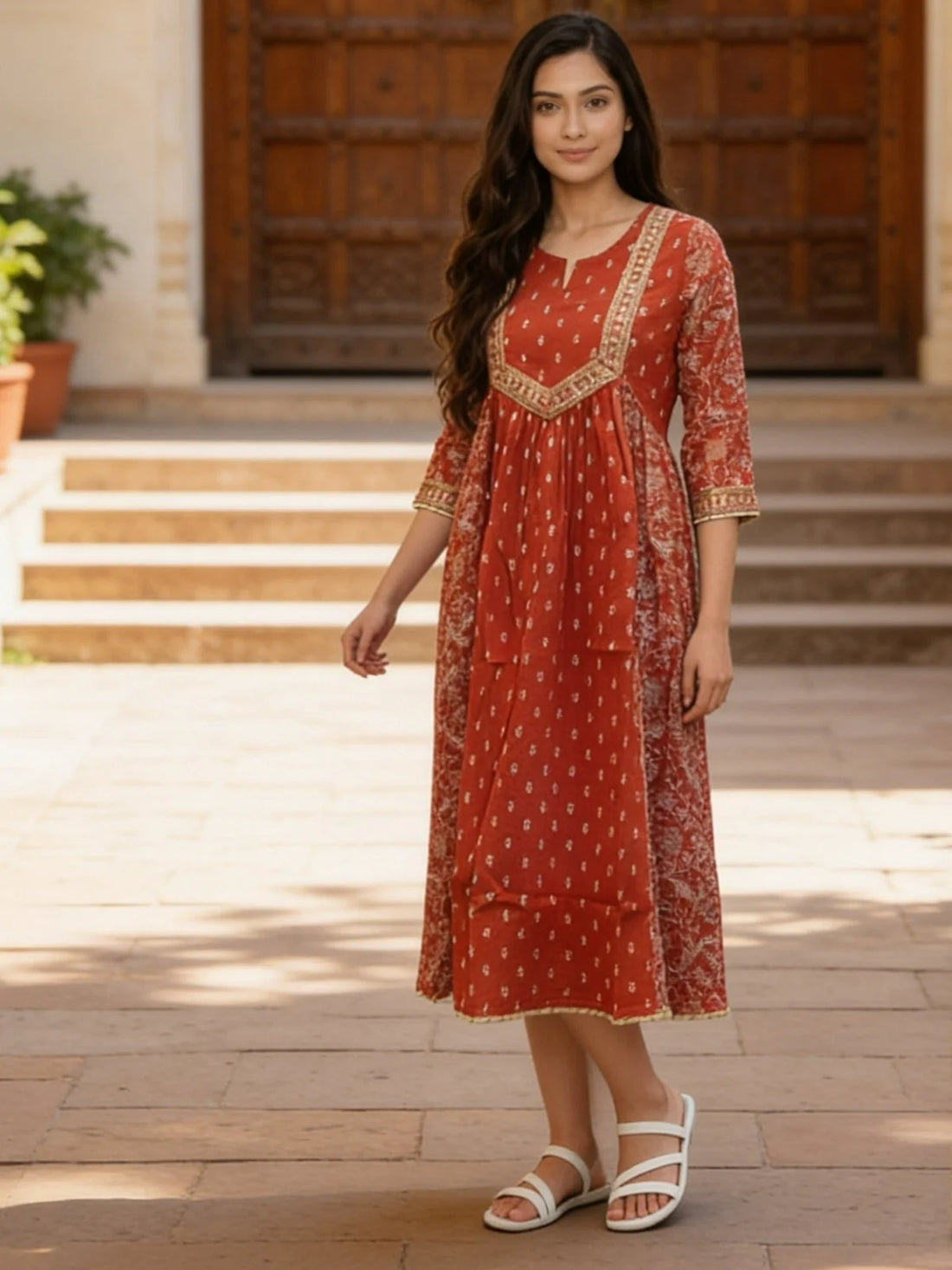 Buy Cotton Embroidered Flared Calf Length Kurta-Rust