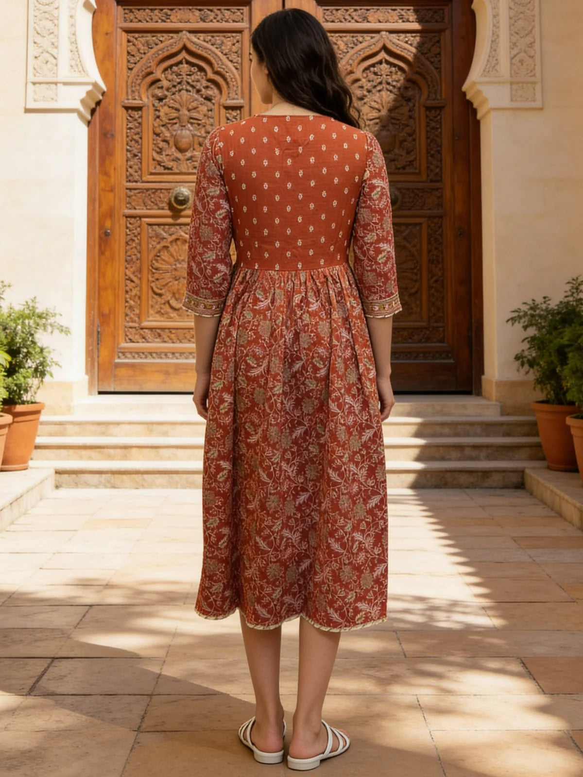 Buy Cotton Embroidered Flared Calf Length Kurta-Rust