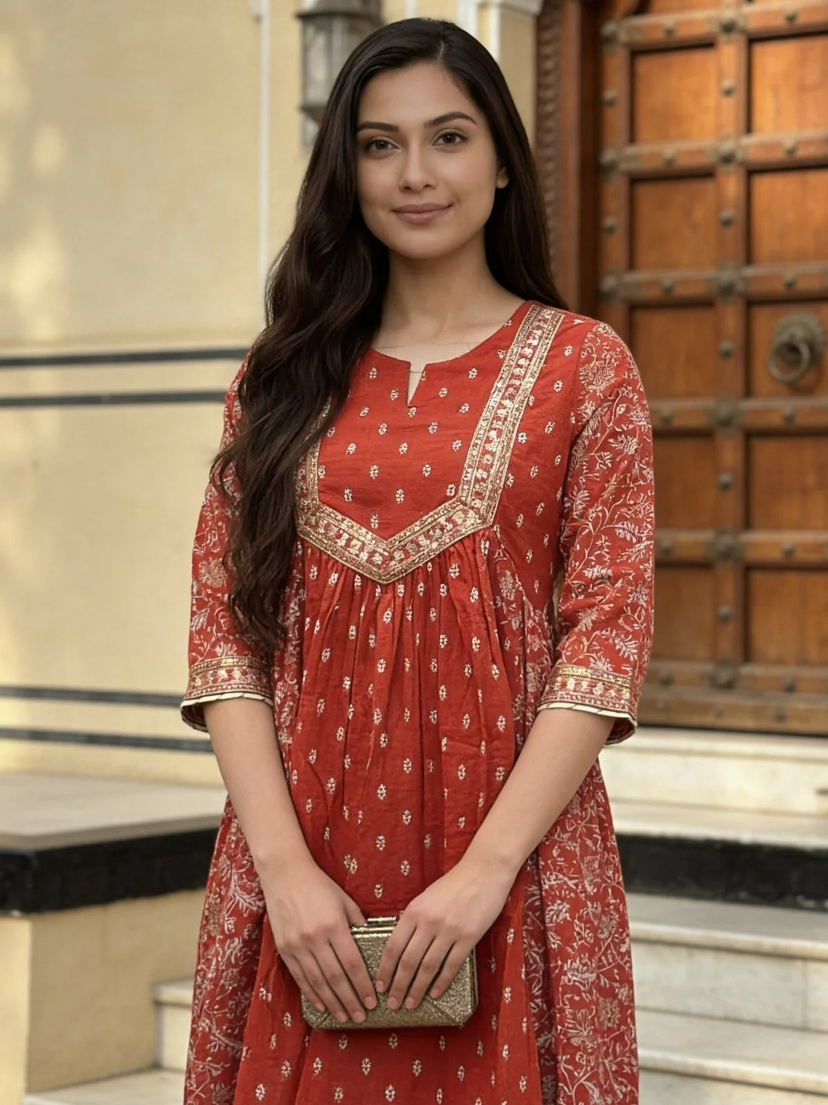 Buy Cotton Embroidered Flared Calf Length Kurta-Rust