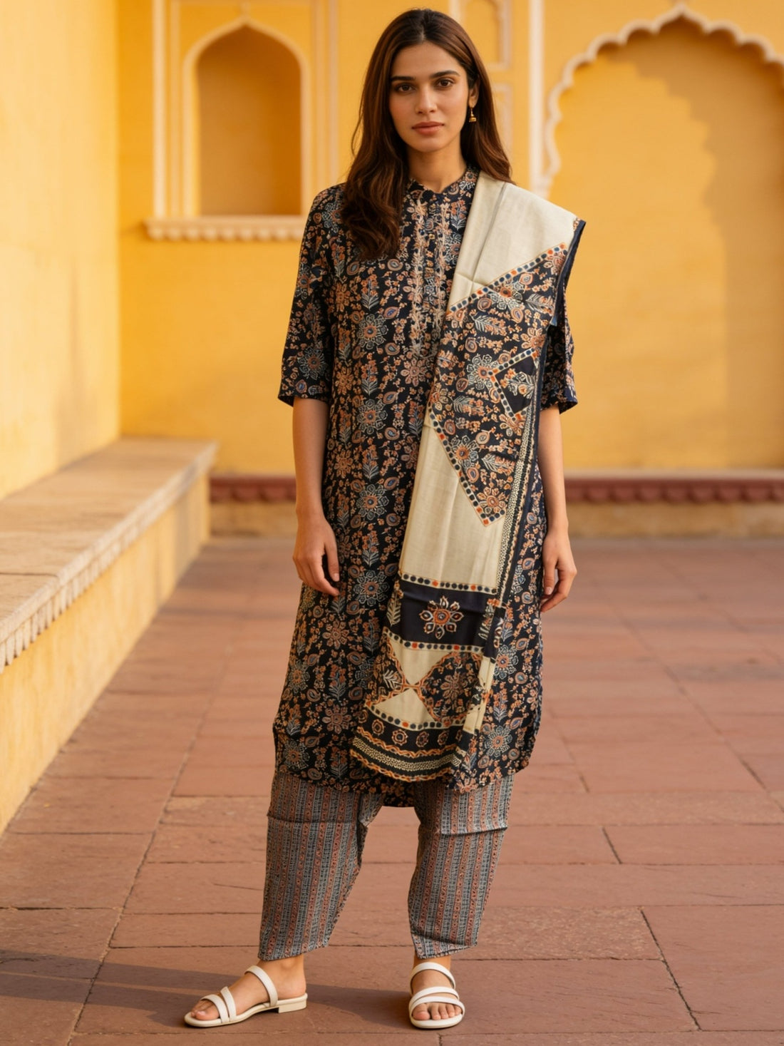 Buy Poly Viscose Printed Straight Calf Length Kurta With Pant and Dupatta-Black
