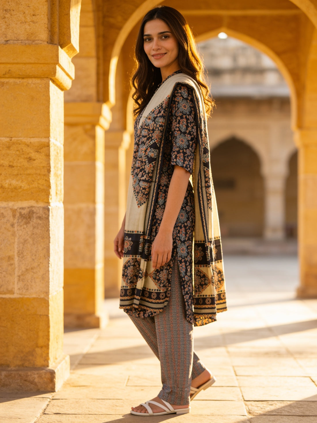 Buy Poly Viscose Printed Straight Calf Length Kurta With Pant and Dupatta-Black