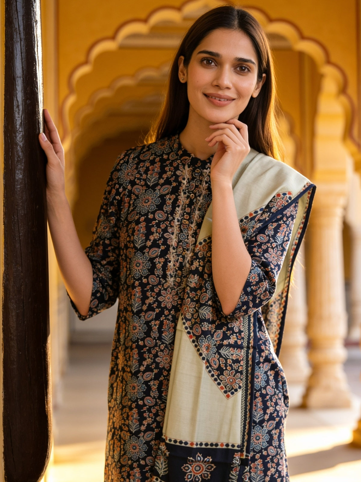 Buy Poly Viscose Printed Straight Calf Length Kurta With Pant and Dupatta-Black