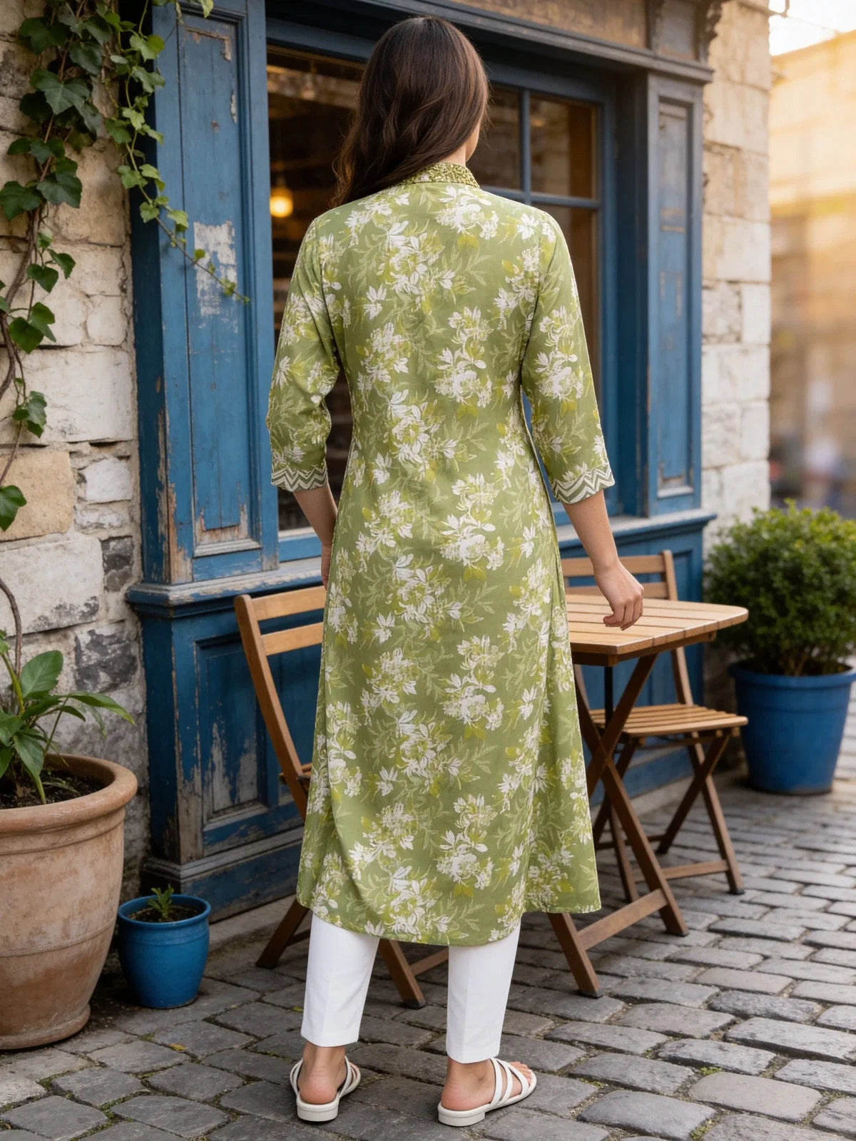 Buy Rayon Embroidered A-Line Calf Length Kurta-Green