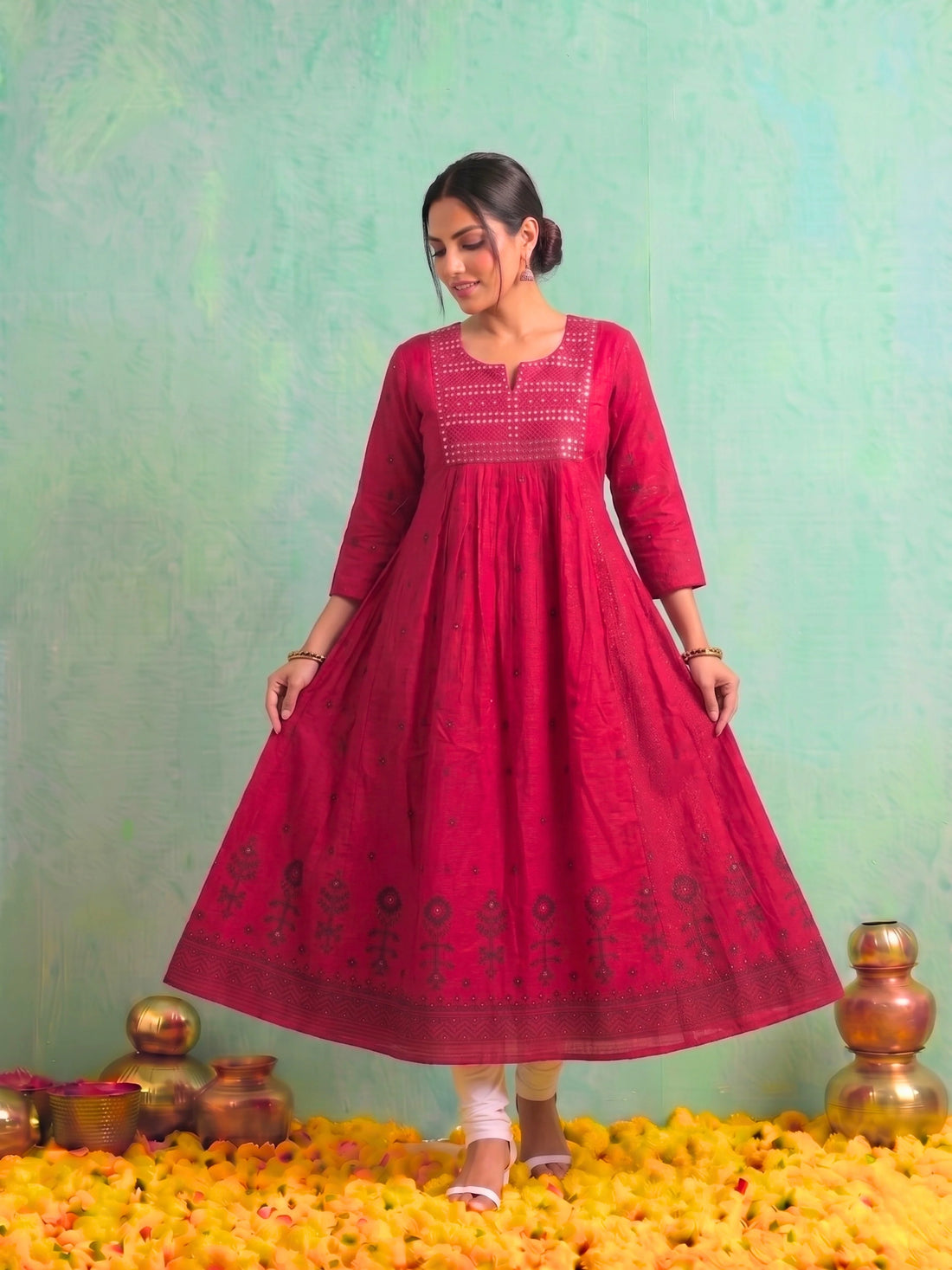 Buy Fuchsia Cotton Embroidered A-Line Calf Length Kurta-Fuchsia