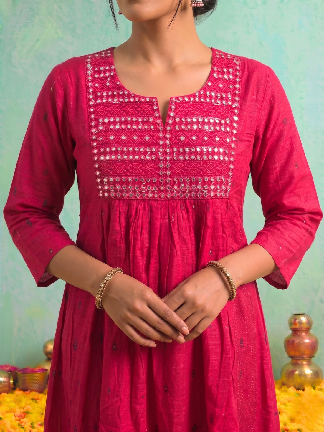 Buy Fuchsia Cotton Embroidered A-Line Calf Length Kurta-Fuchsia