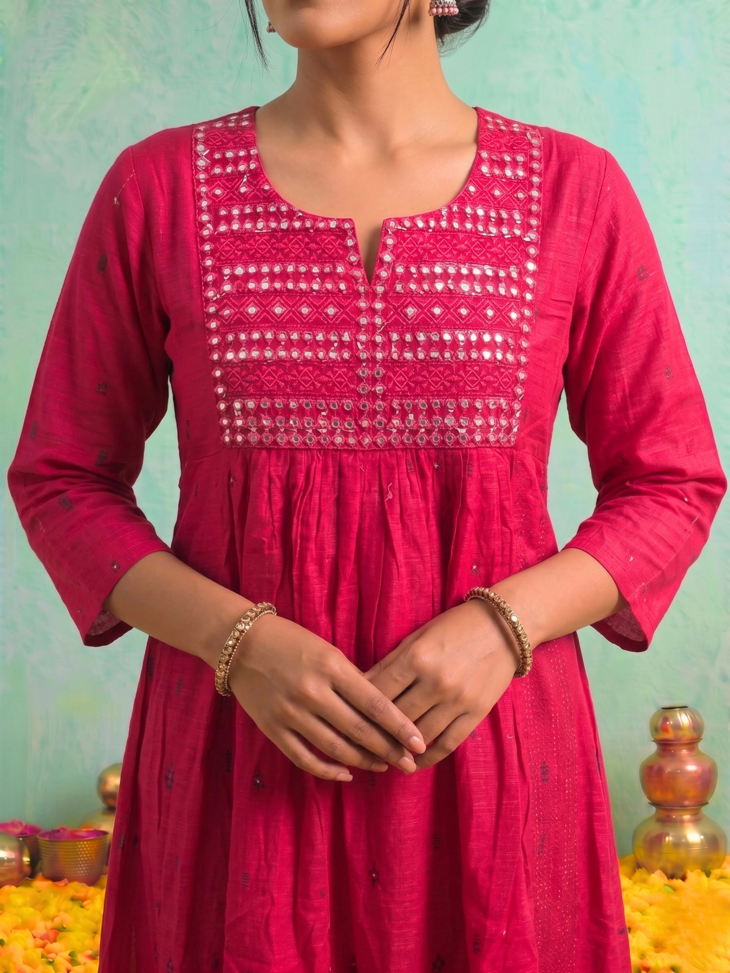 Buy Fuchsia Cotton Embroidered A-Line Calf Length Kurta-Fuchsia