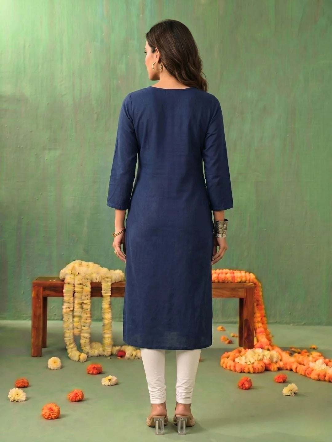 Buy Navy Rayon Embroidered Straight Knee Length Kurta-Navy