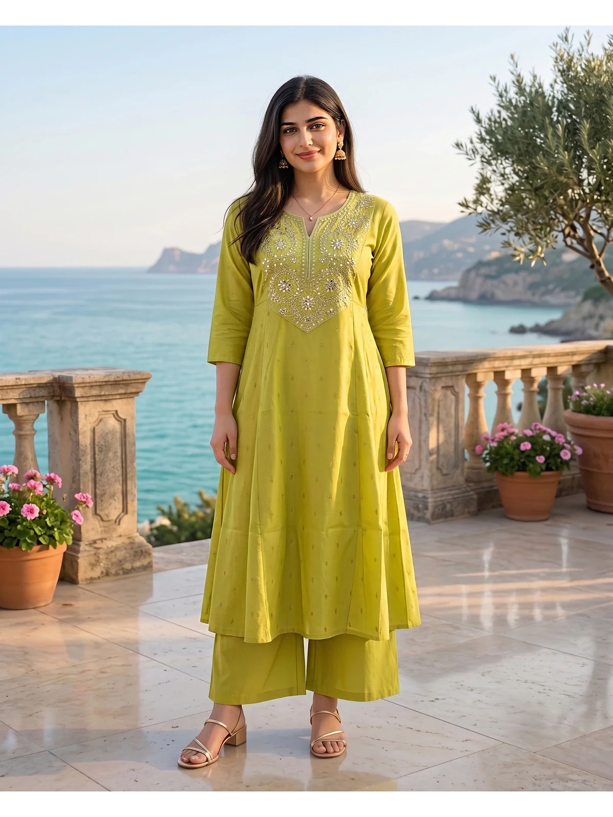 Buy Poly Viscose Embroidered Anarkali Calf Length kurta with Pant-Lime Green