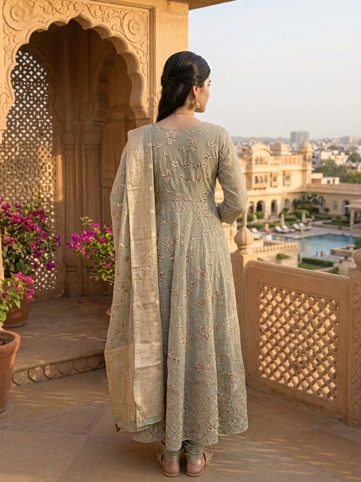 Buy Georgette Embroidered Anarkali Calf Length Kurta With Pant and Dupatta-Grey