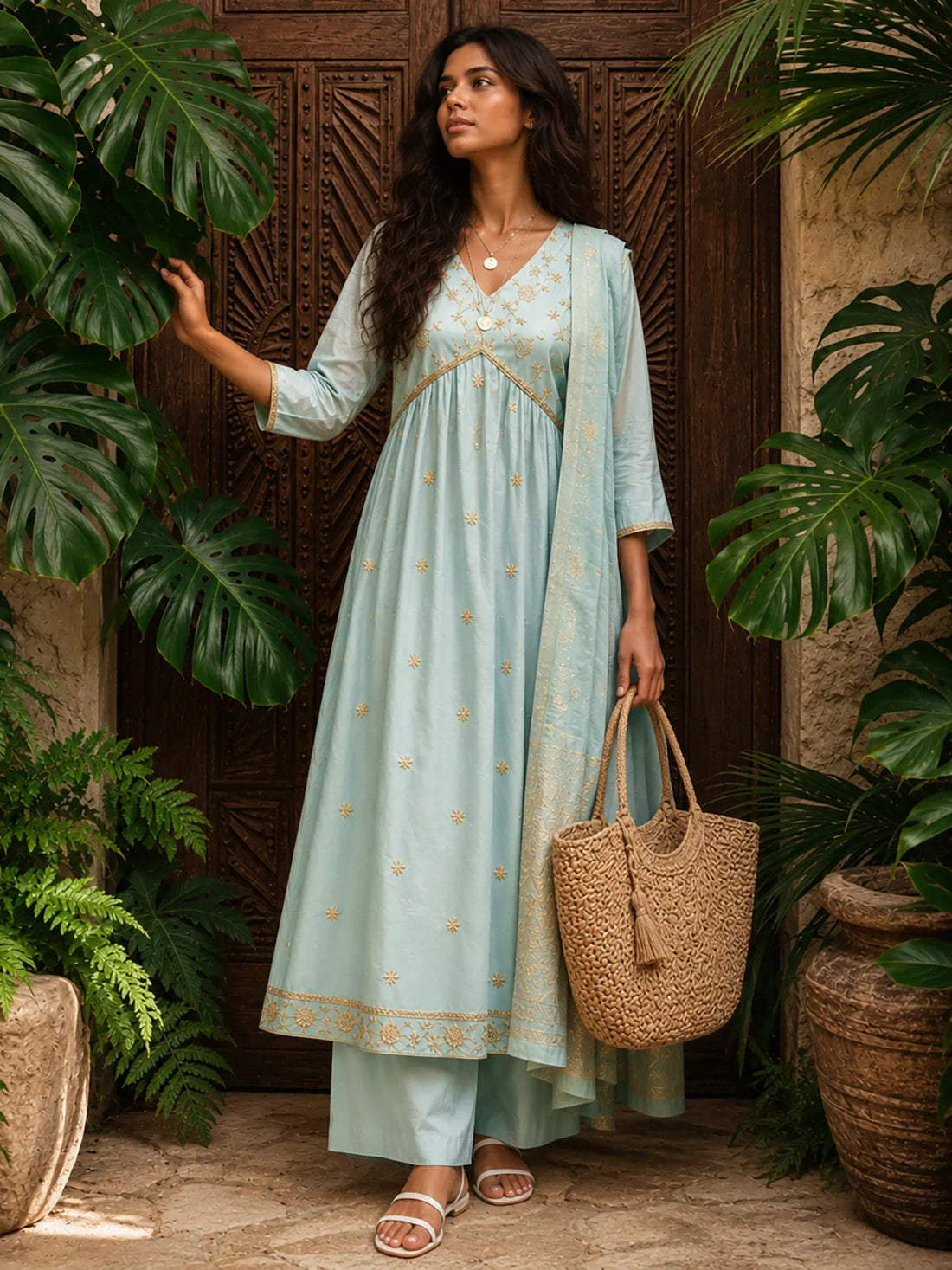 Buy Poly Viscose Embroidered Anarkali Calf Length Kurta With Pant and Dupatta-Light Blue