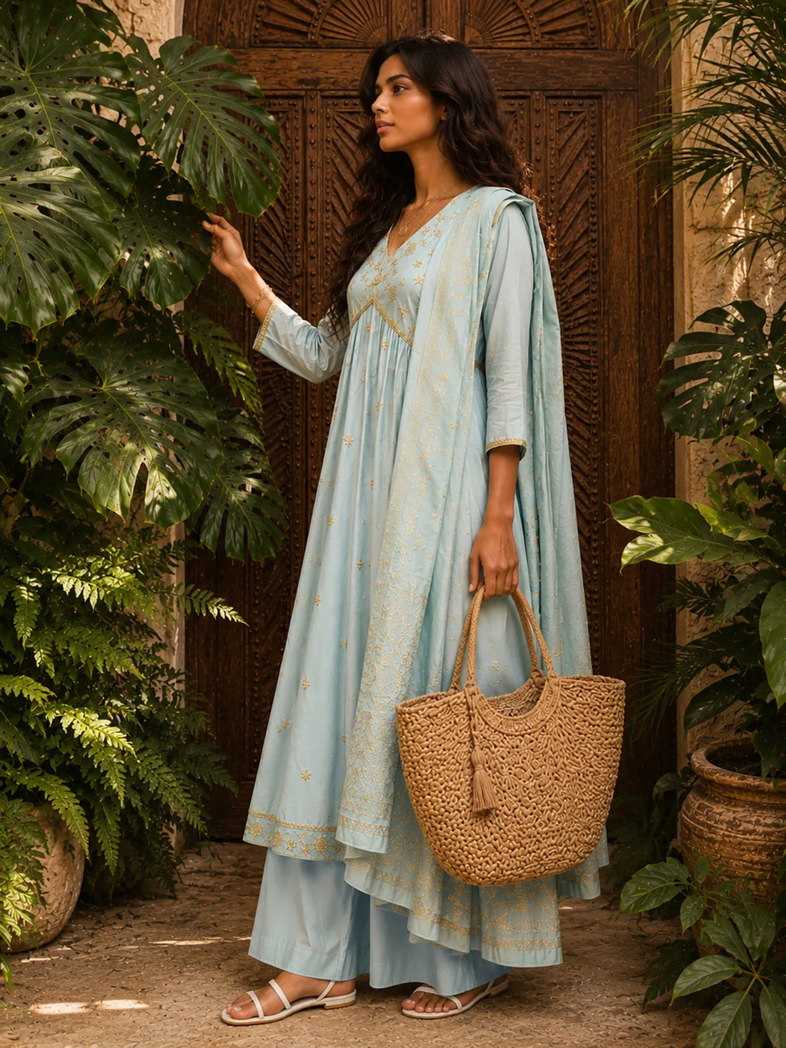 Buy Poly Viscose Embroidered Anarkali Calf Length Kurta With Pant and Dupatta-Light Blue