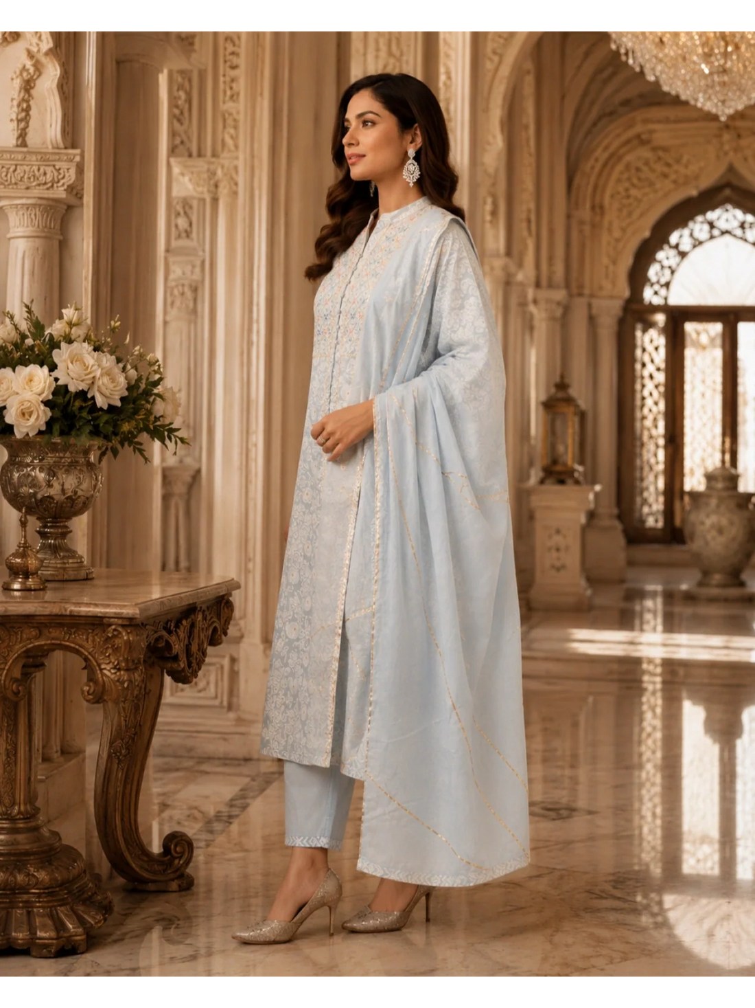 Buy Cotton Embroidered Anarkali Calf Length Dress-Light Blue