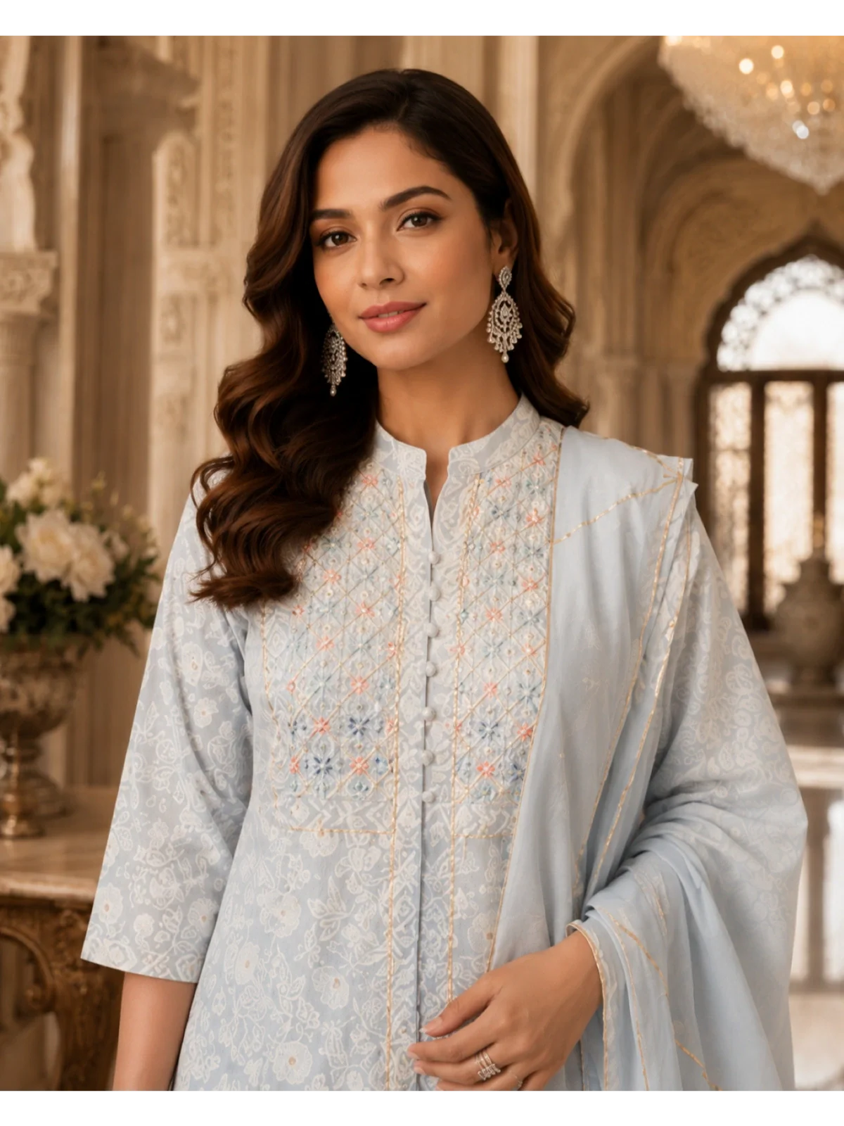 Buy Cotton Embroidered Anarkali Calf Length Dress-Light Blue