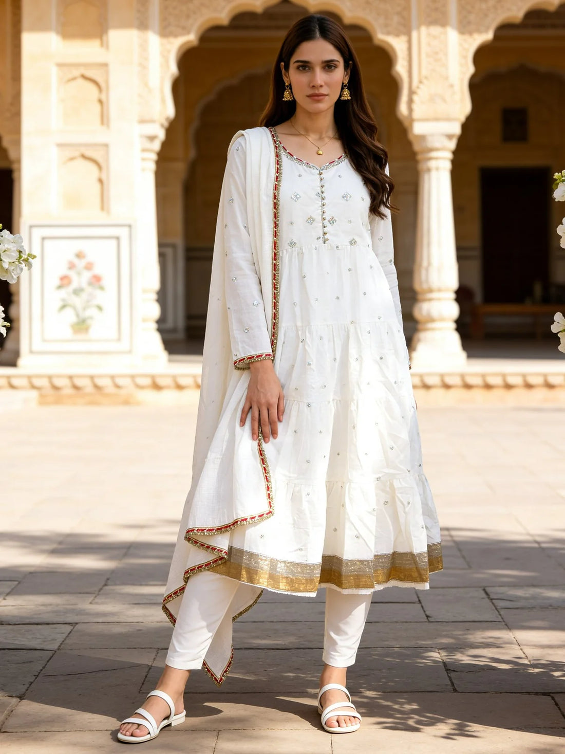 Buy Cotton Embroidered Anarkali Calf Length Kurta With Pant and Dupatta-Off White