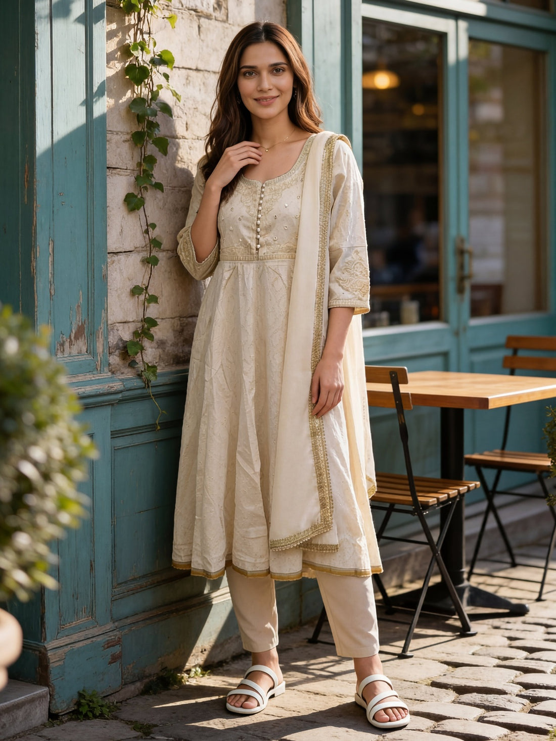 Buy Cotton Embroidered Flared Calf Length Kurta With Pant and Dupatta-Off White