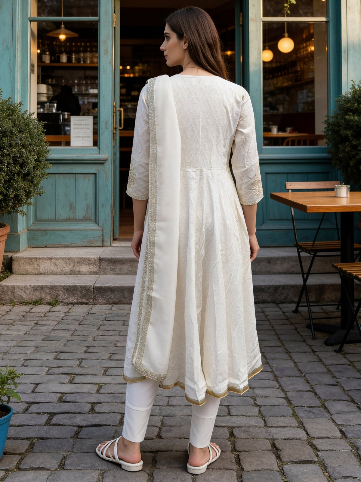 Buy Cotton Embroidered Flared Calf Length Kurta With Pant and Dupatta-Off White