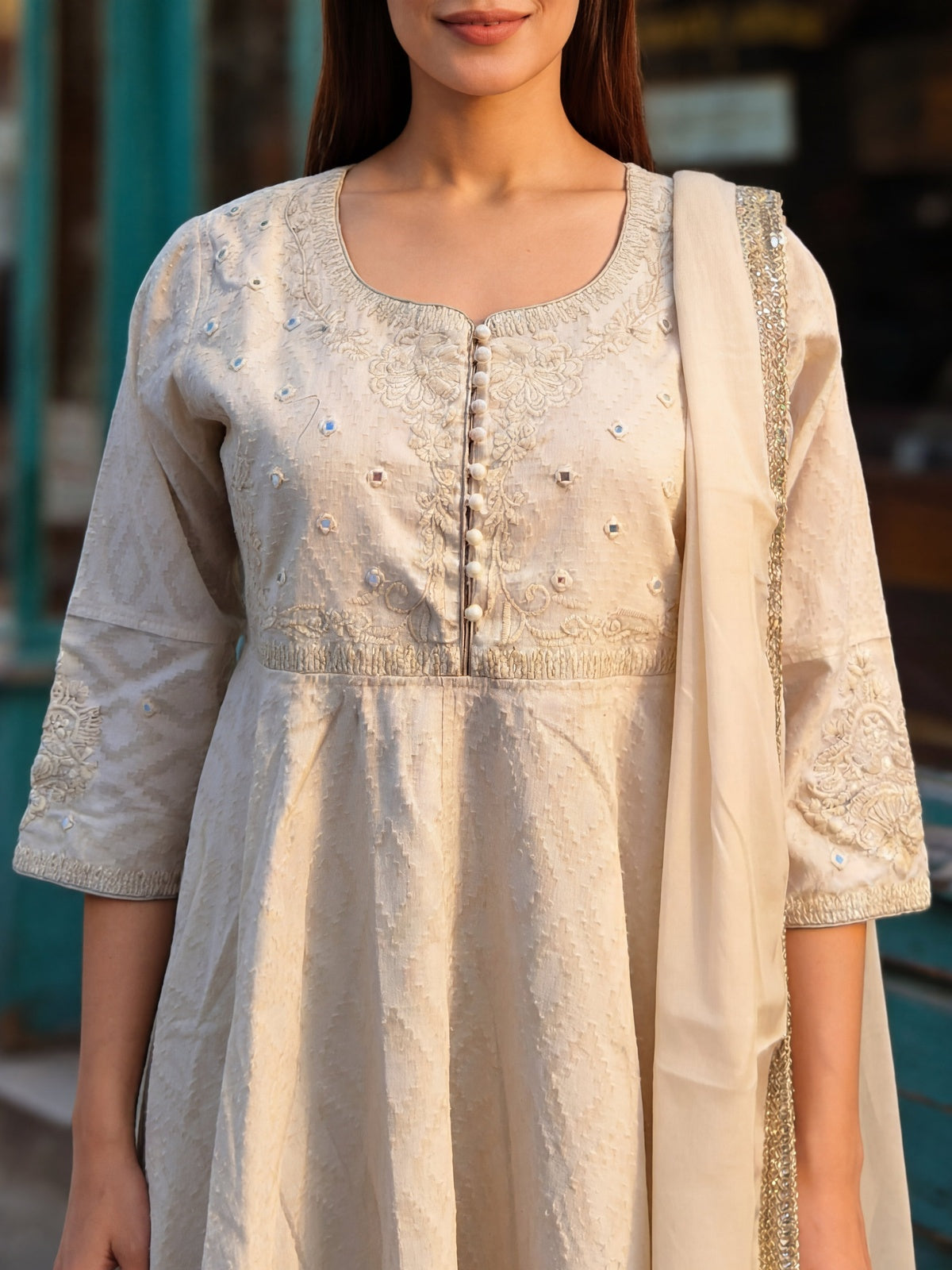 Cotton Embroidered Flared Calf Length Kurta With Pant and Dupatta