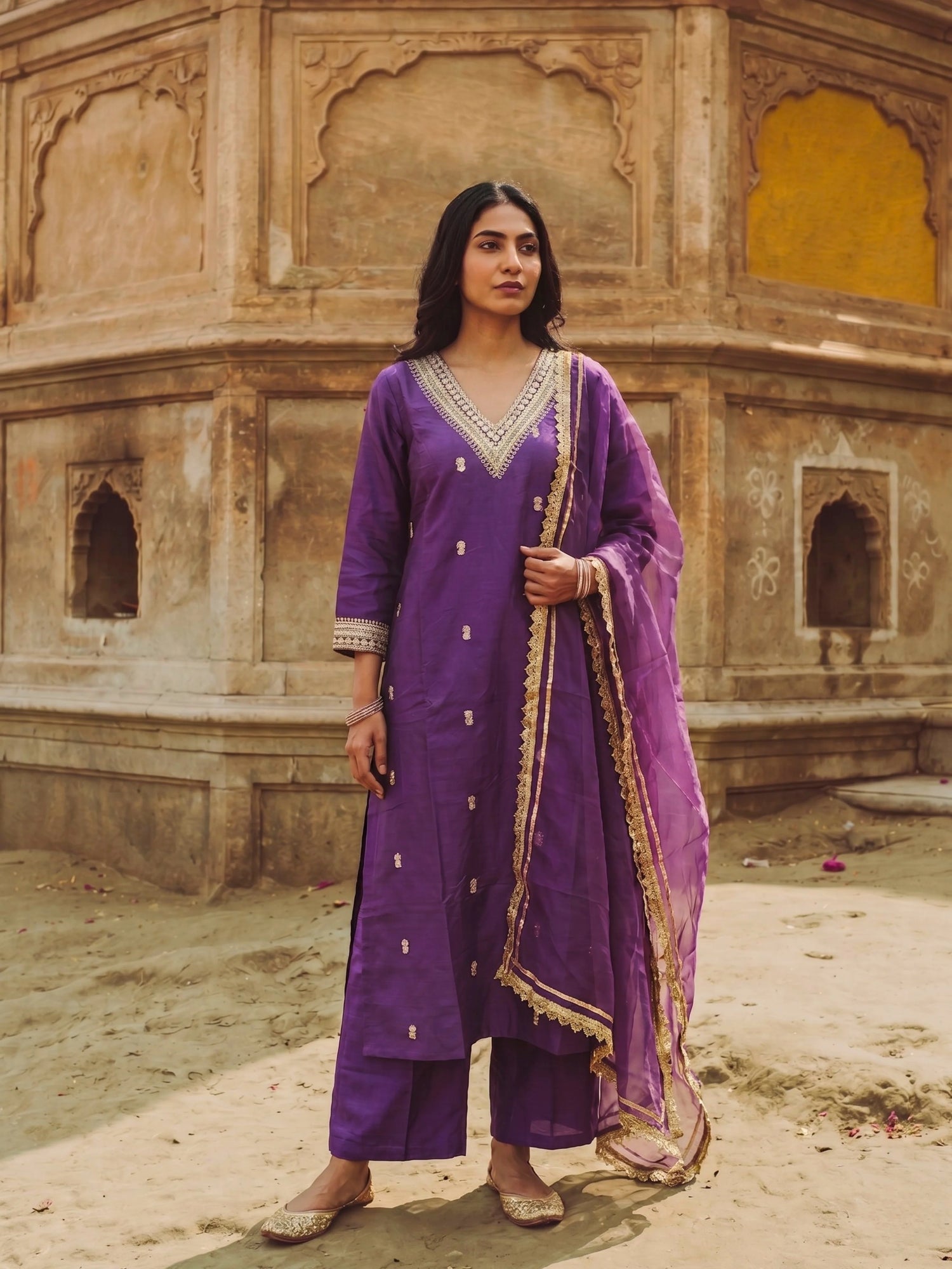 Buy Purple Poly Viscose Embroidered Straight Calf Length Kurta With Pant and Dupatta-Purple