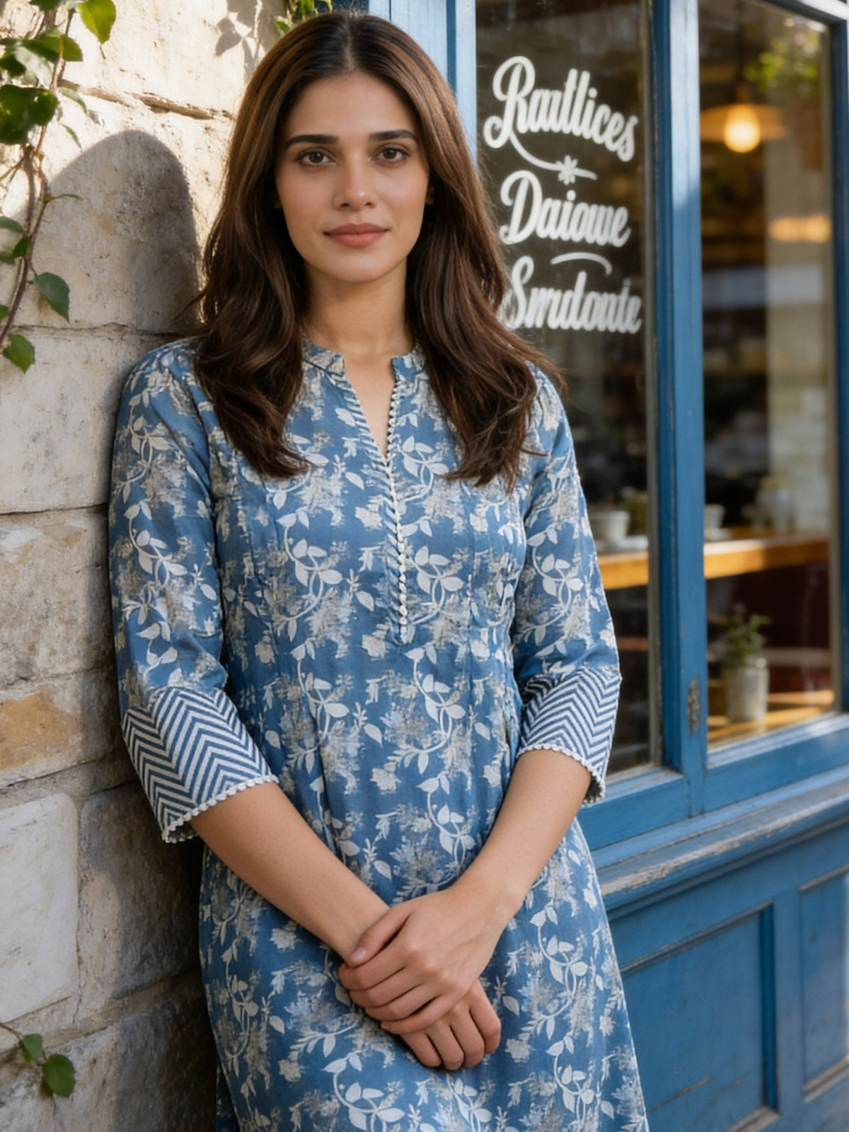 Buy Cotton Printed A-Line Short Length Short Kurta-Blue