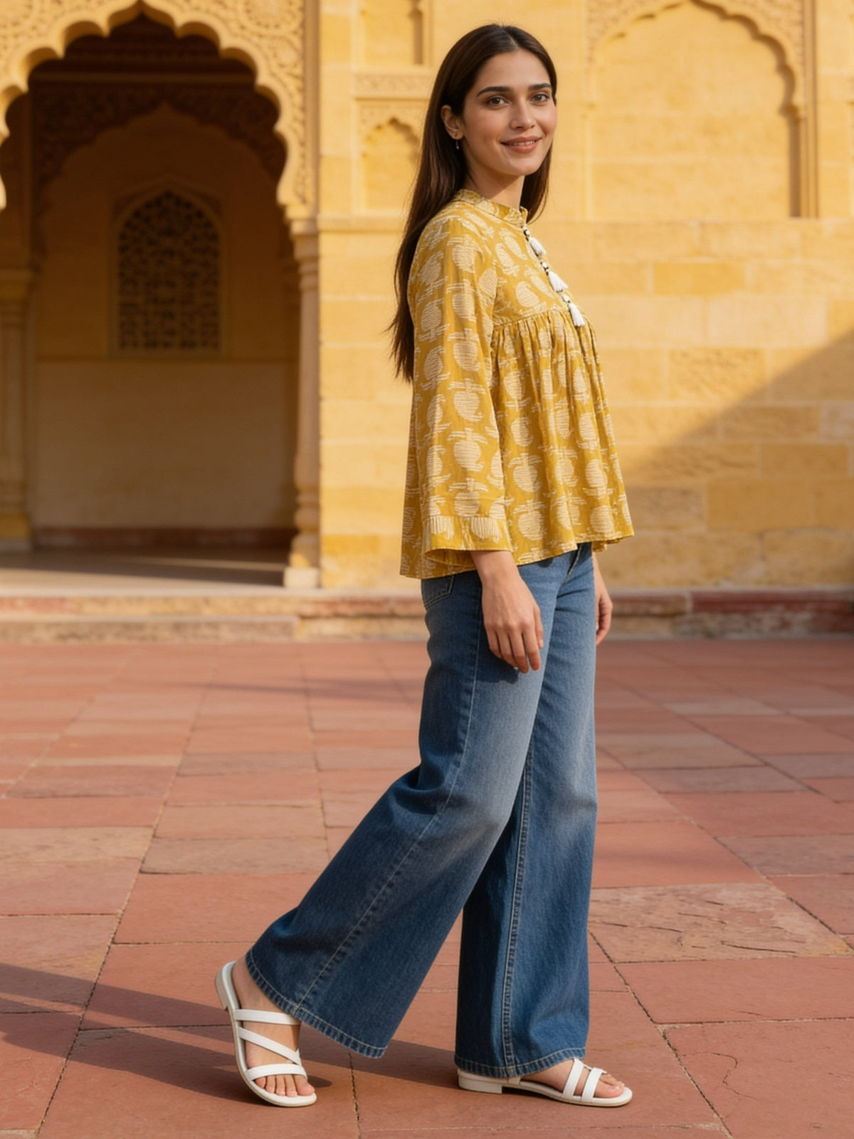 Mustard Cotton Printed A-Line Short Length Short Kurta