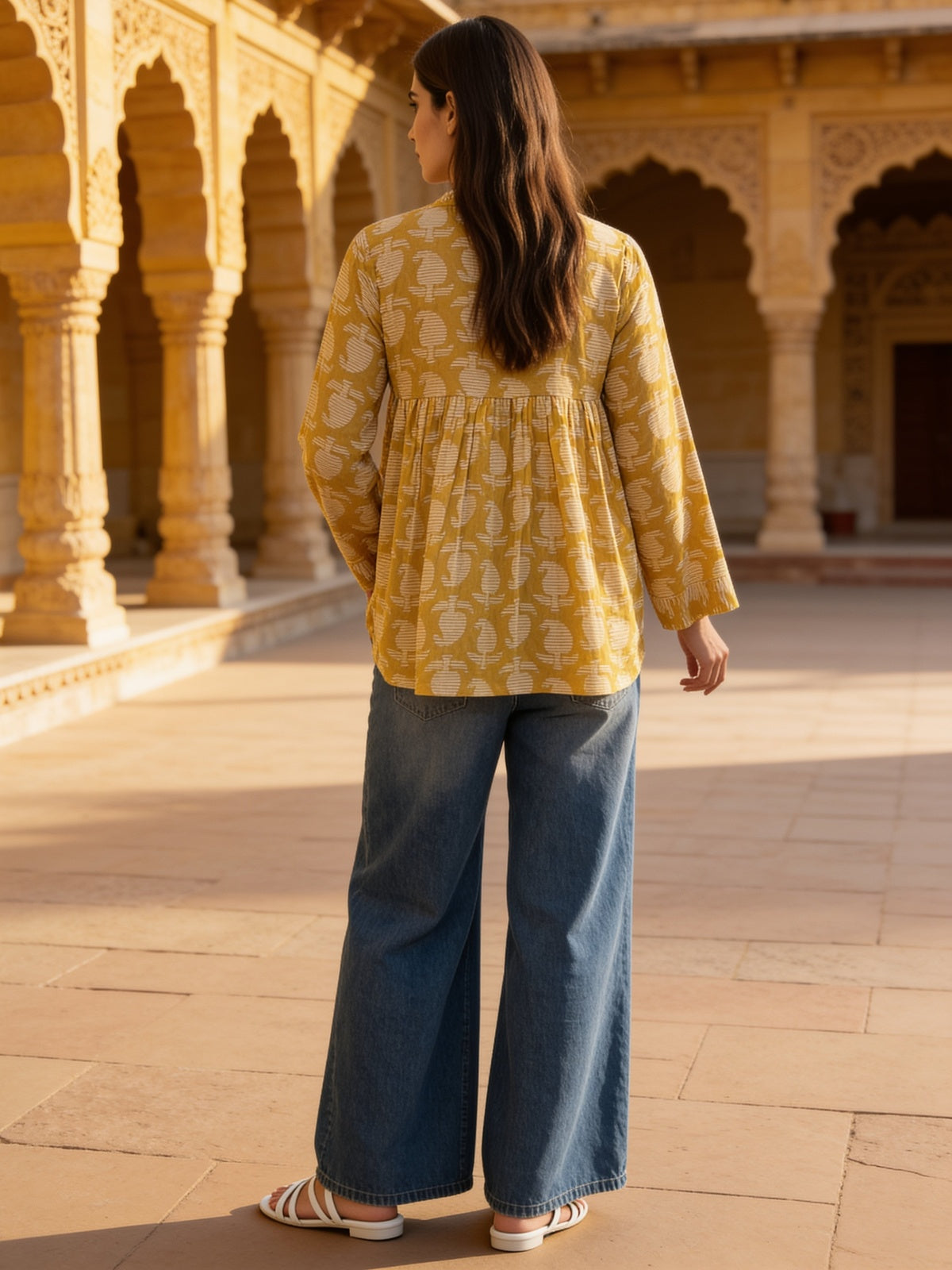 Mustard Cotton Printed A-Line Short Length Short Kurta