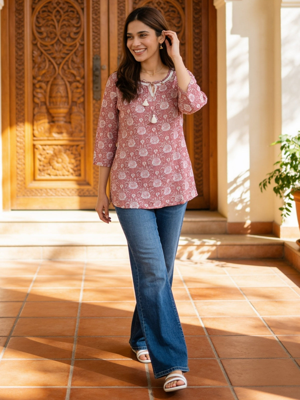 Buy Rayon Printed A-Line Short Length Short Kurta-Pink