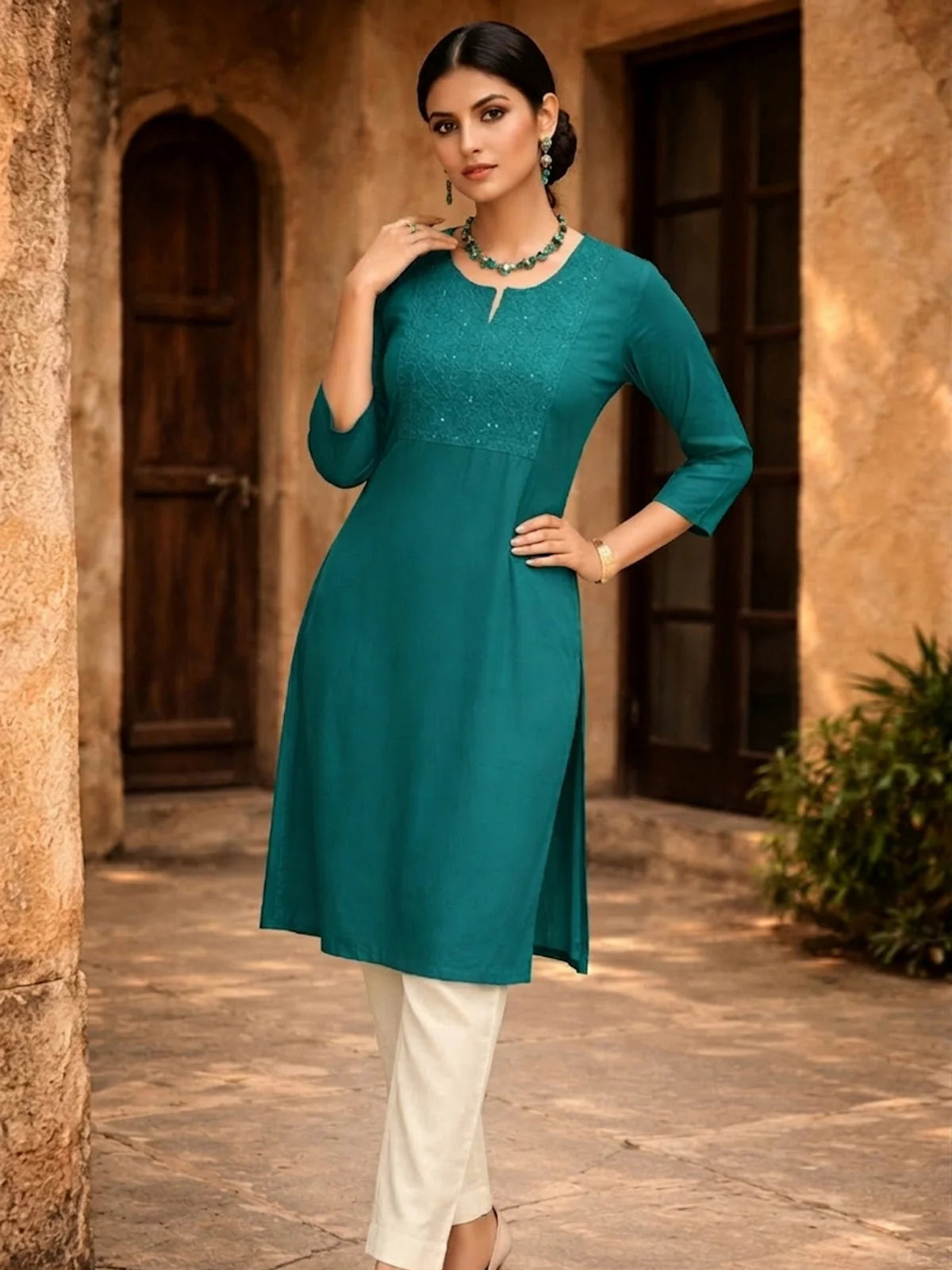 Buy Rayon Embroidered Straight Knee Length Kurta-Blue