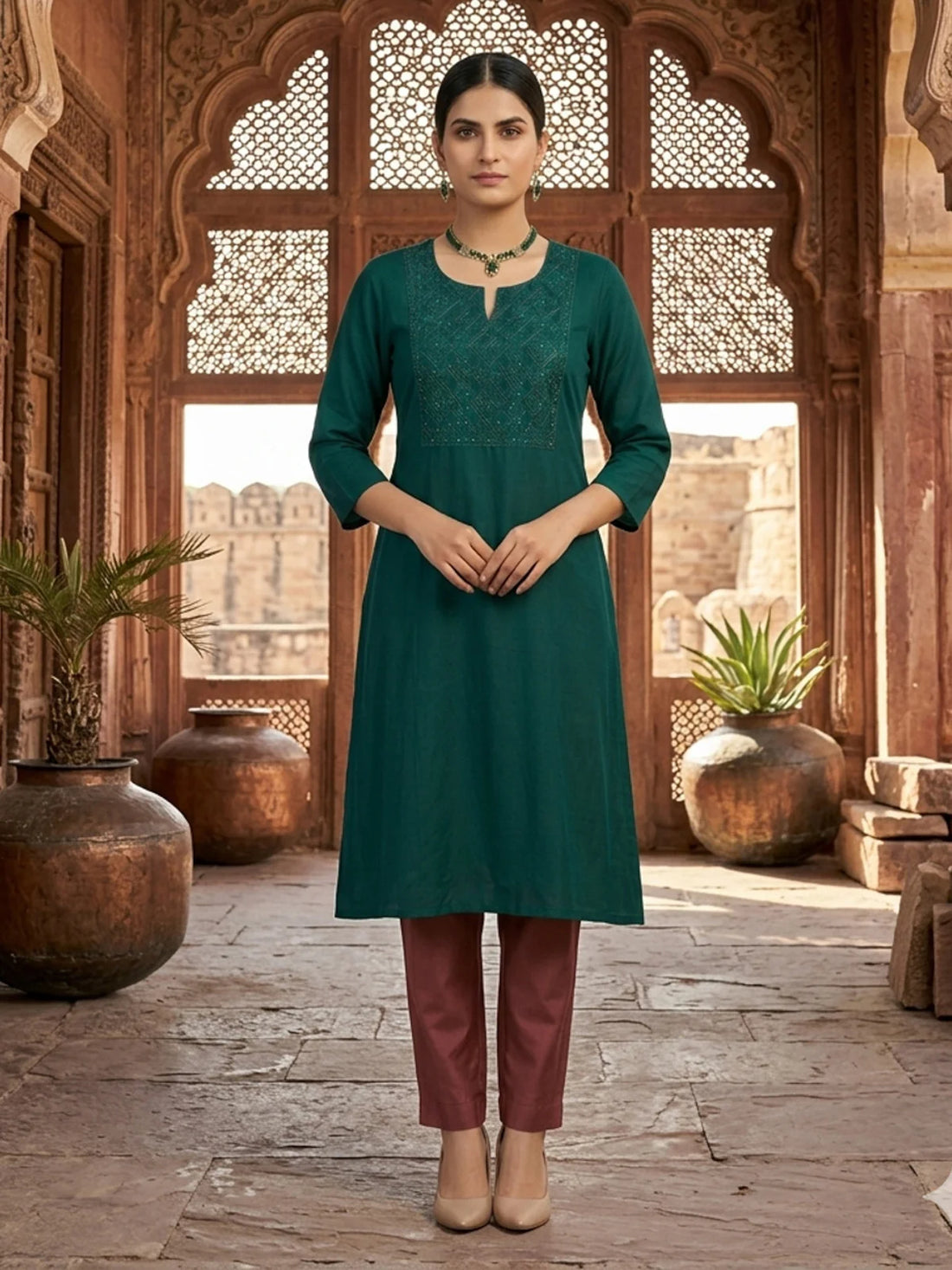 Buy Rayon Embroidered Straight Knee Length Kurta-Teal