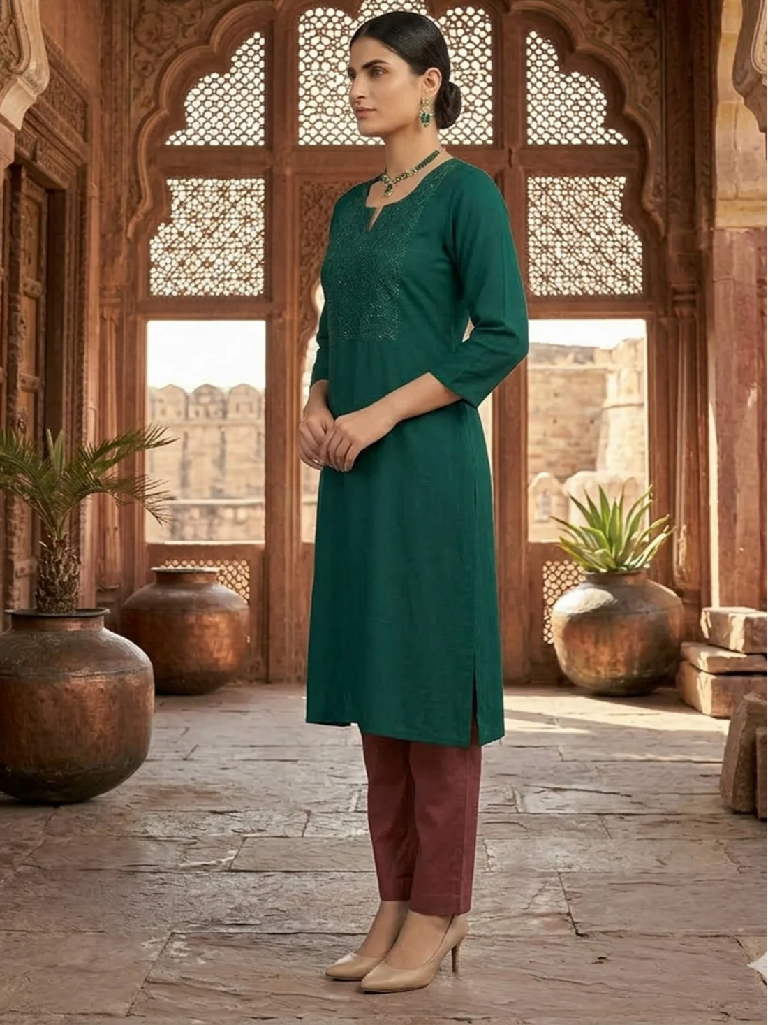 Buy Rayon Embroidered Straight Knee Length Kurta-Teal