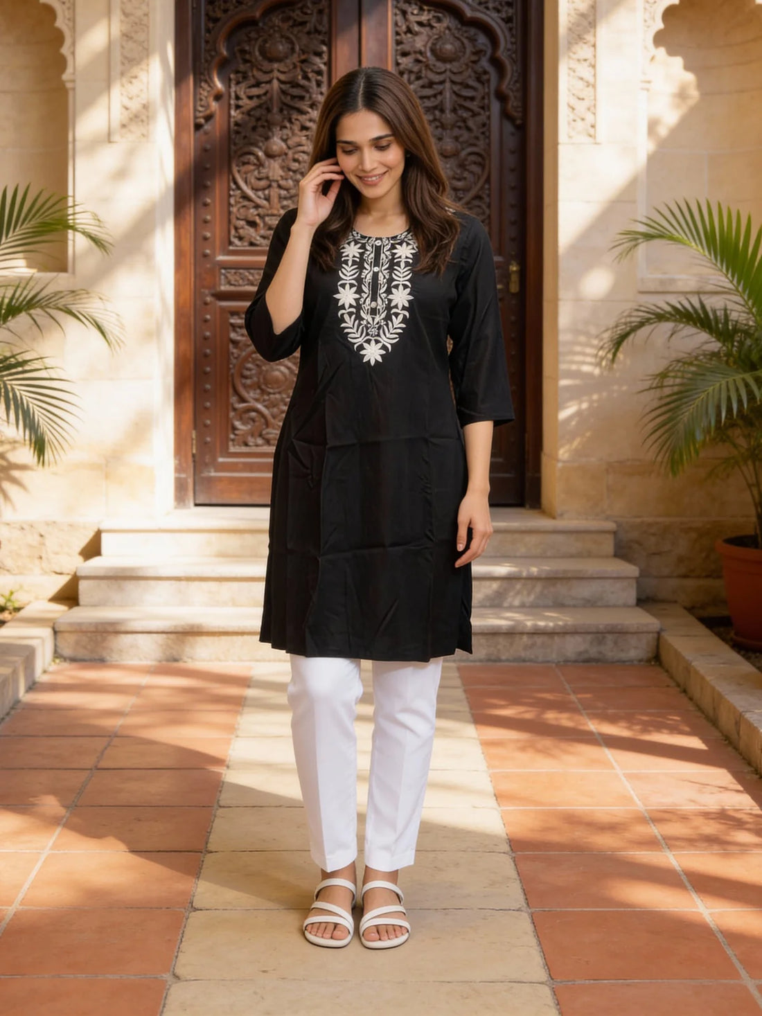 Buy Rayon Embroidered Straight Knee Length Kurta-Black