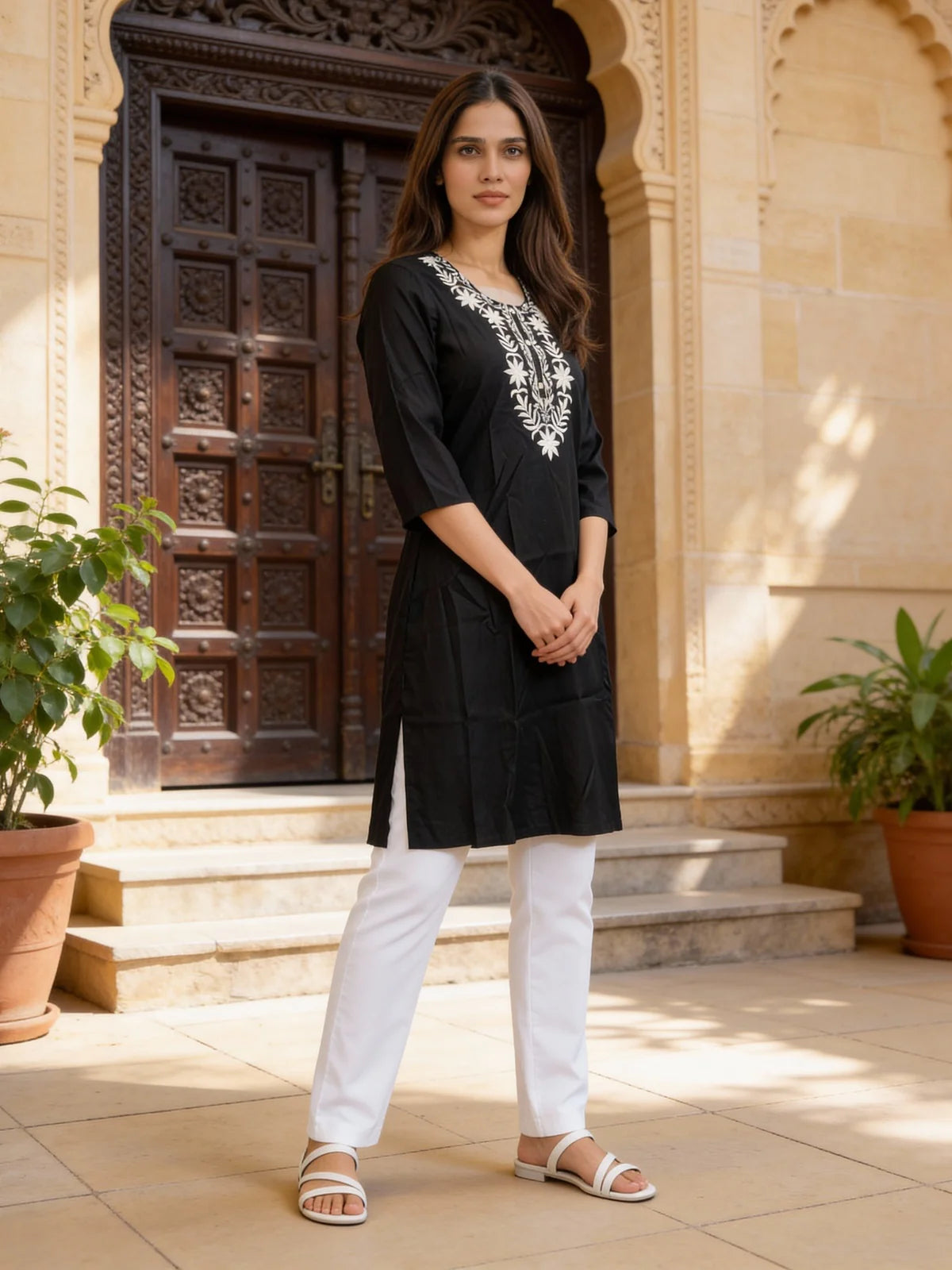 Buy Rayon Embroidered Straight Knee Length Kurta-Black