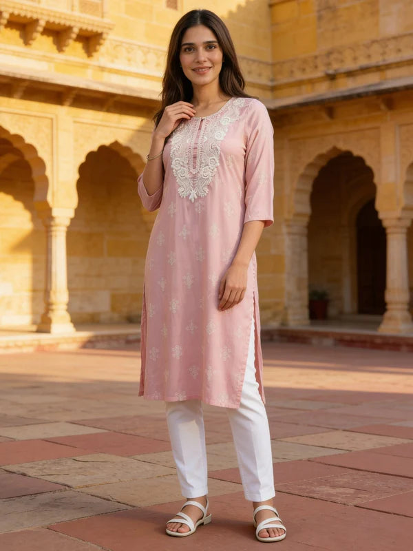 Buy Light Pink Rayon Embroidered Straight Calf Length Kurta-Light Pink