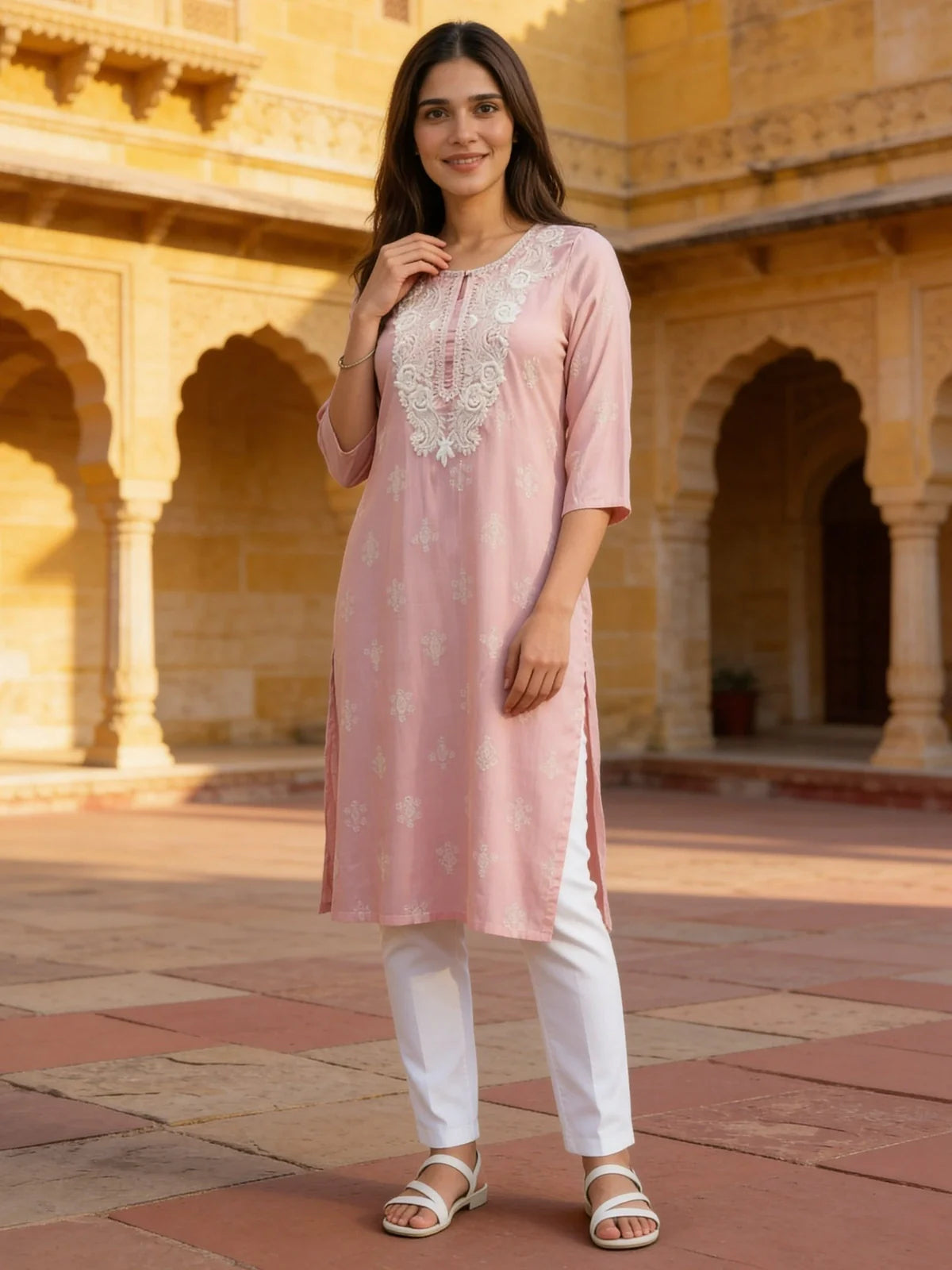 Light Pink Rayon Embroidered Straight Calf Length Kurta