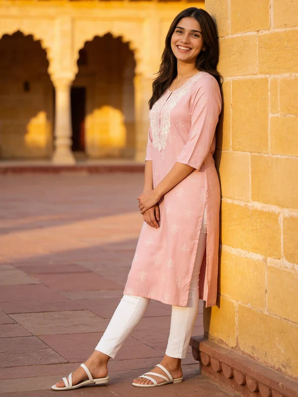 Buy Light Pink Rayon Embroidered Straight Calf Length Kurta-Light Pink