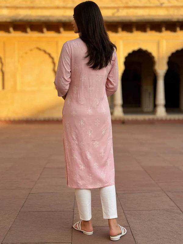Buy Light Pink Rayon Embroidered Straight Calf Length Kurta-Light Pink