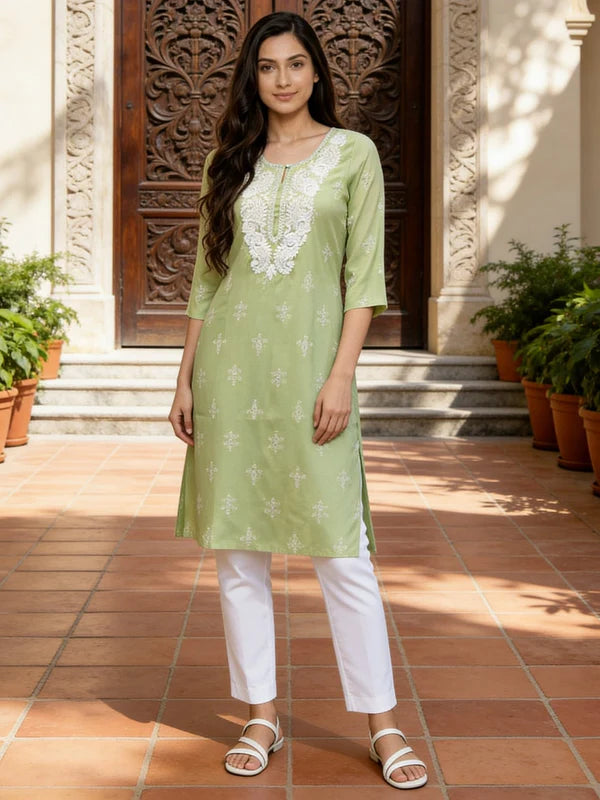 Buy Green Rayon Embroidered Straight Calf Length Kurta-Green