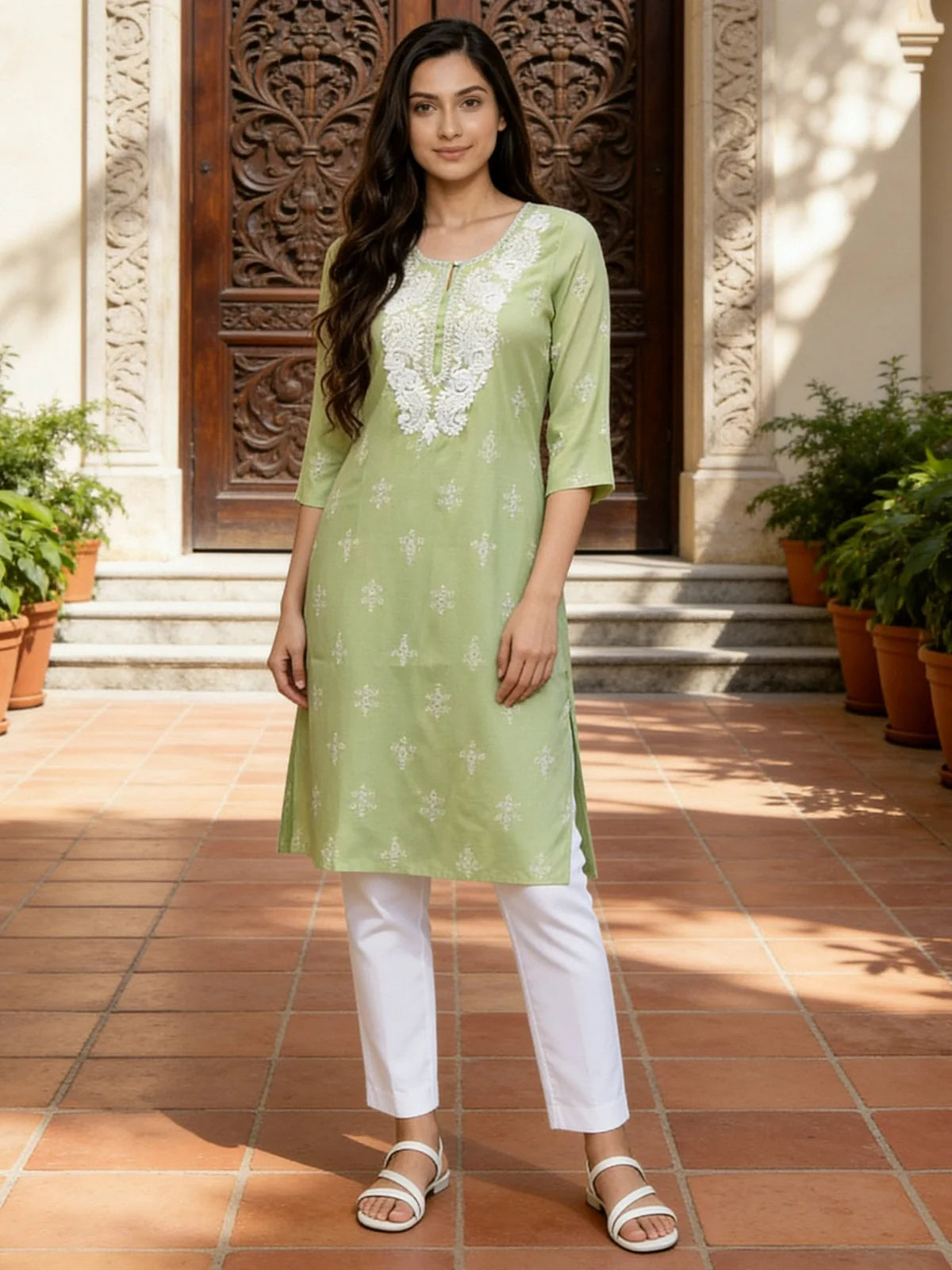 Green Rayon Embroidered Straight Calf Length Kurta