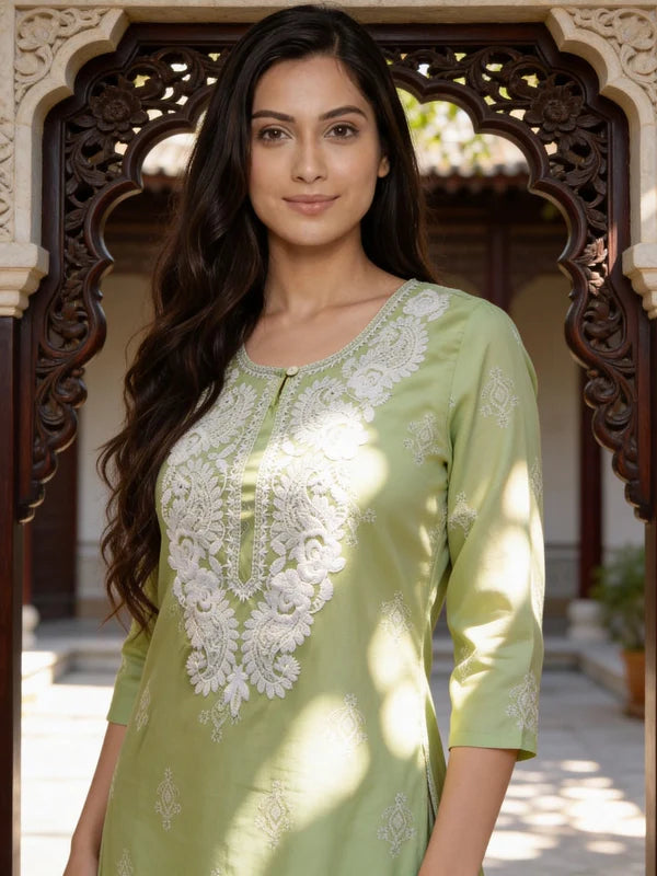 Buy Green Rayon Embroidered Straight Calf Length Kurta-Green