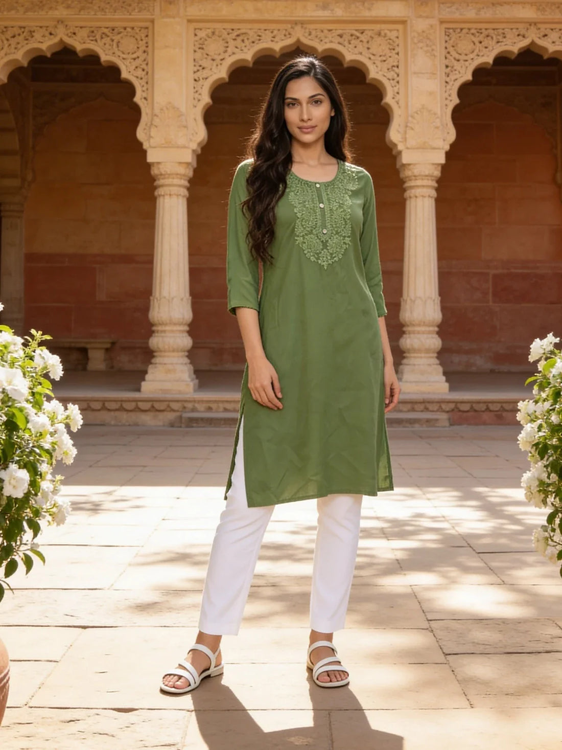 Buy Rayon Embroidered Straight Calf Length Kurta-Green