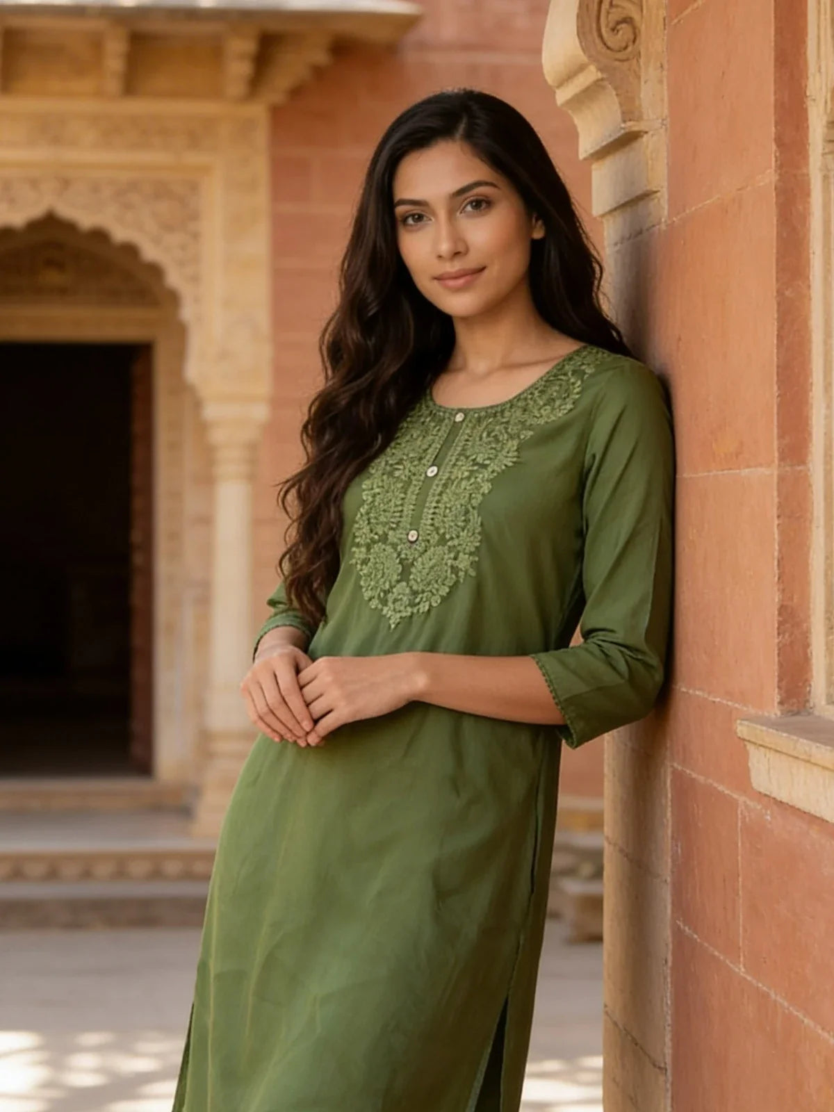 Buy Rayon Embroidered Straight Calf Length Kurta-Green