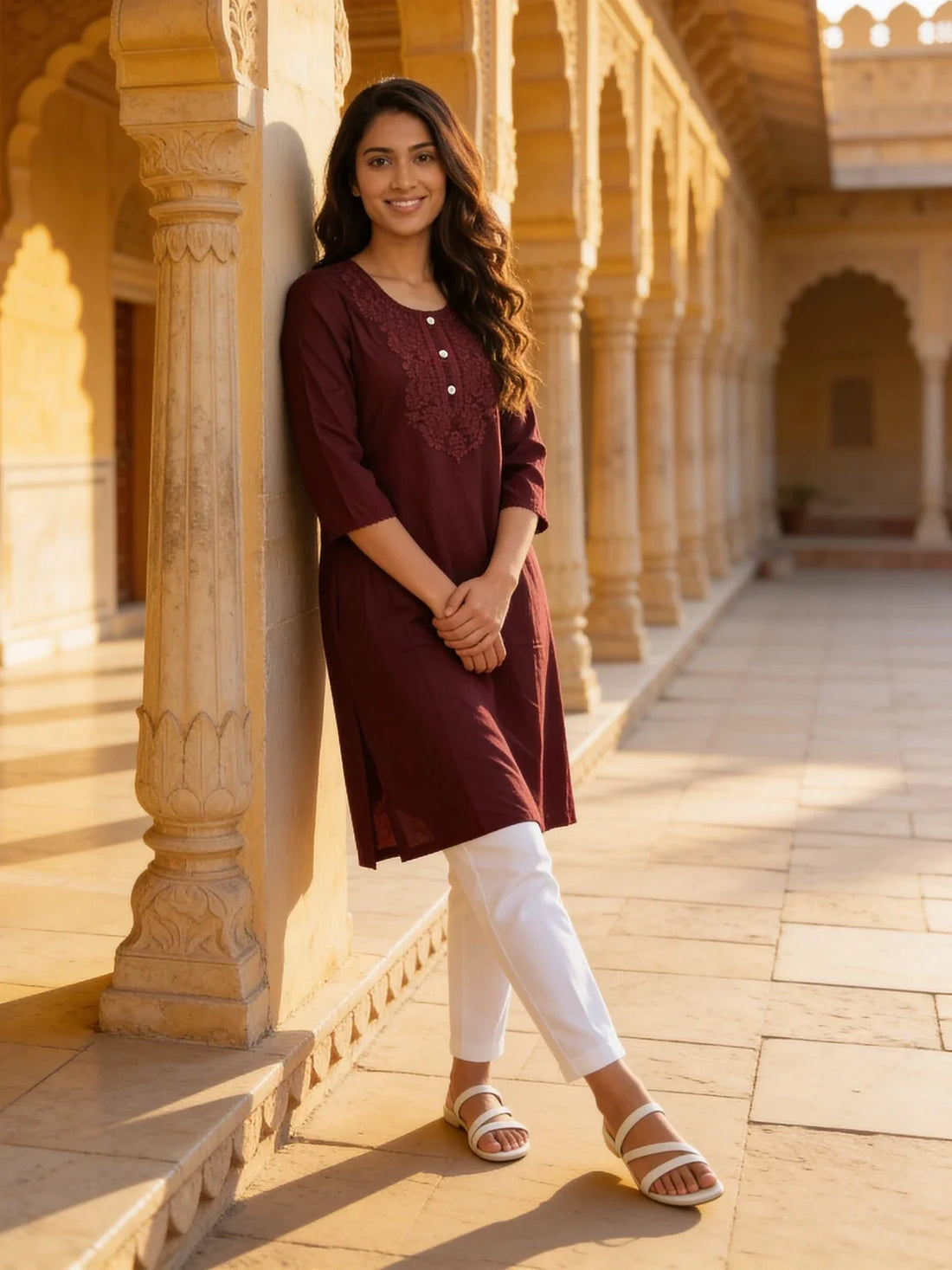 Buy Rayon Embroidered Straight Calf Length Kurta-Wine