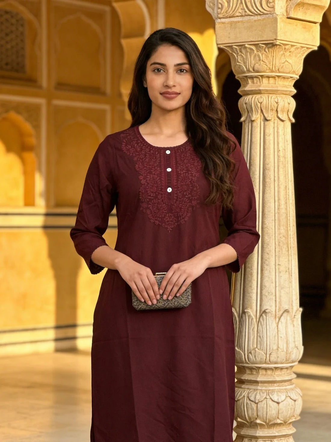 Buy Rayon Embroidered Straight Calf Length Kurta-Wine