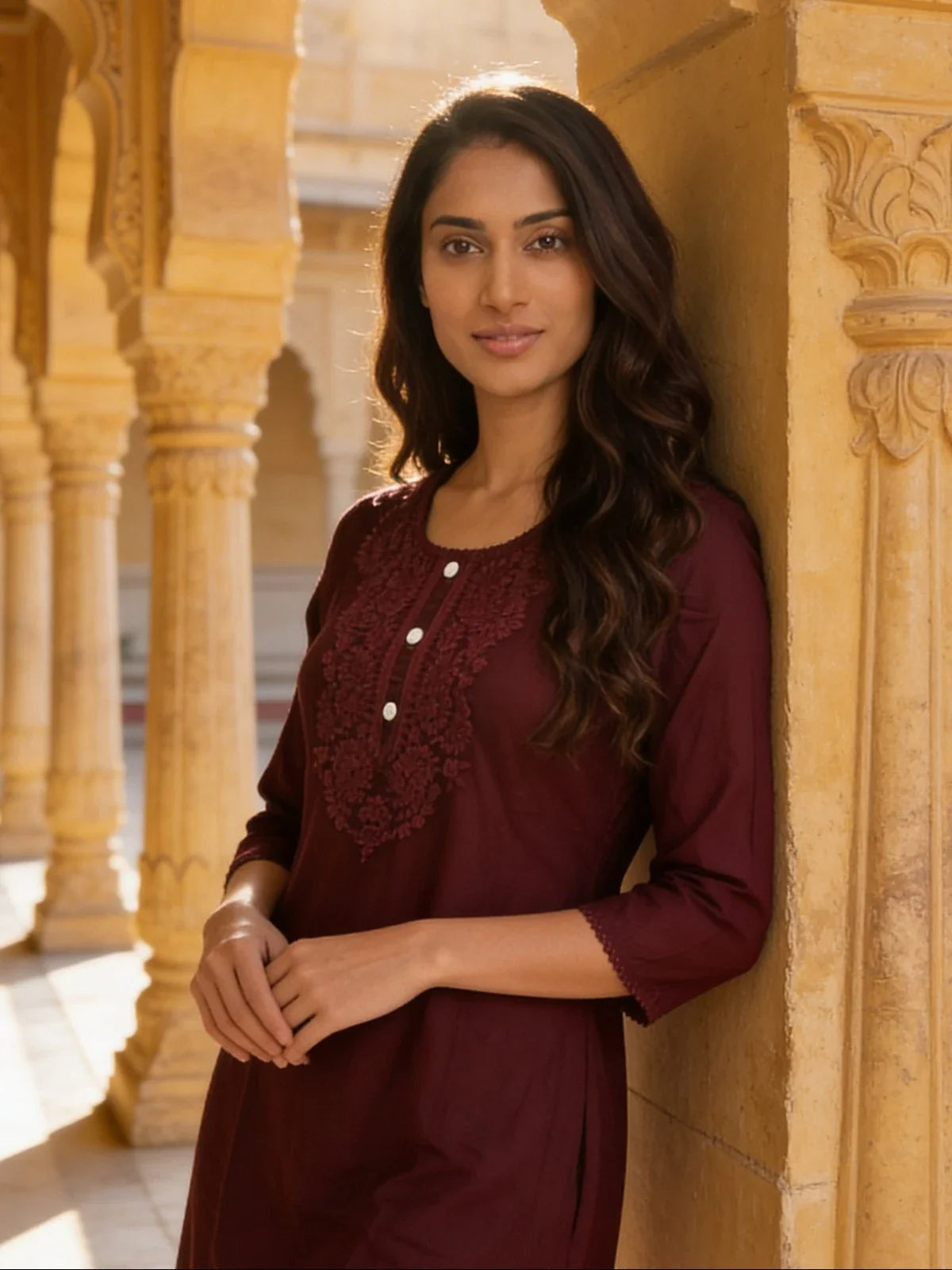 Buy Rayon Embroidered Straight Calf Length Kurta-Wine