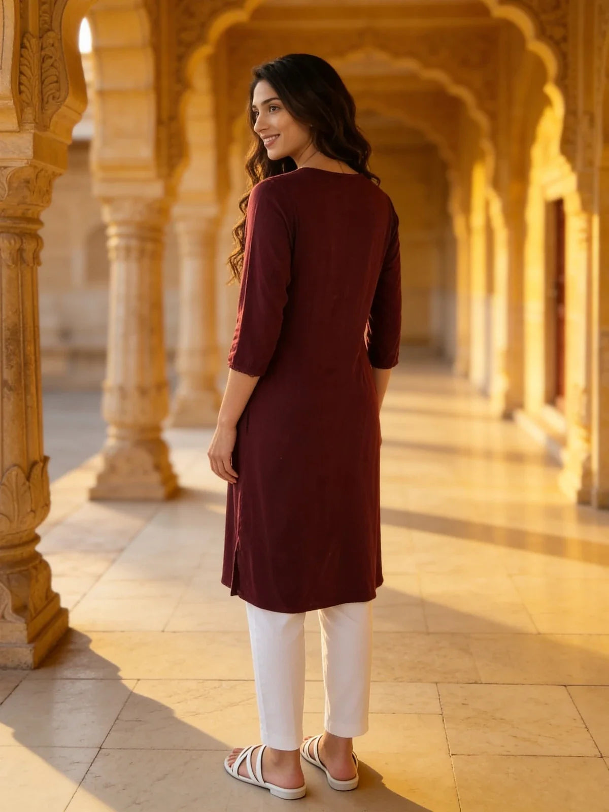 Buy Rayon Embroidered Straight Calf Length Kurta-Wine