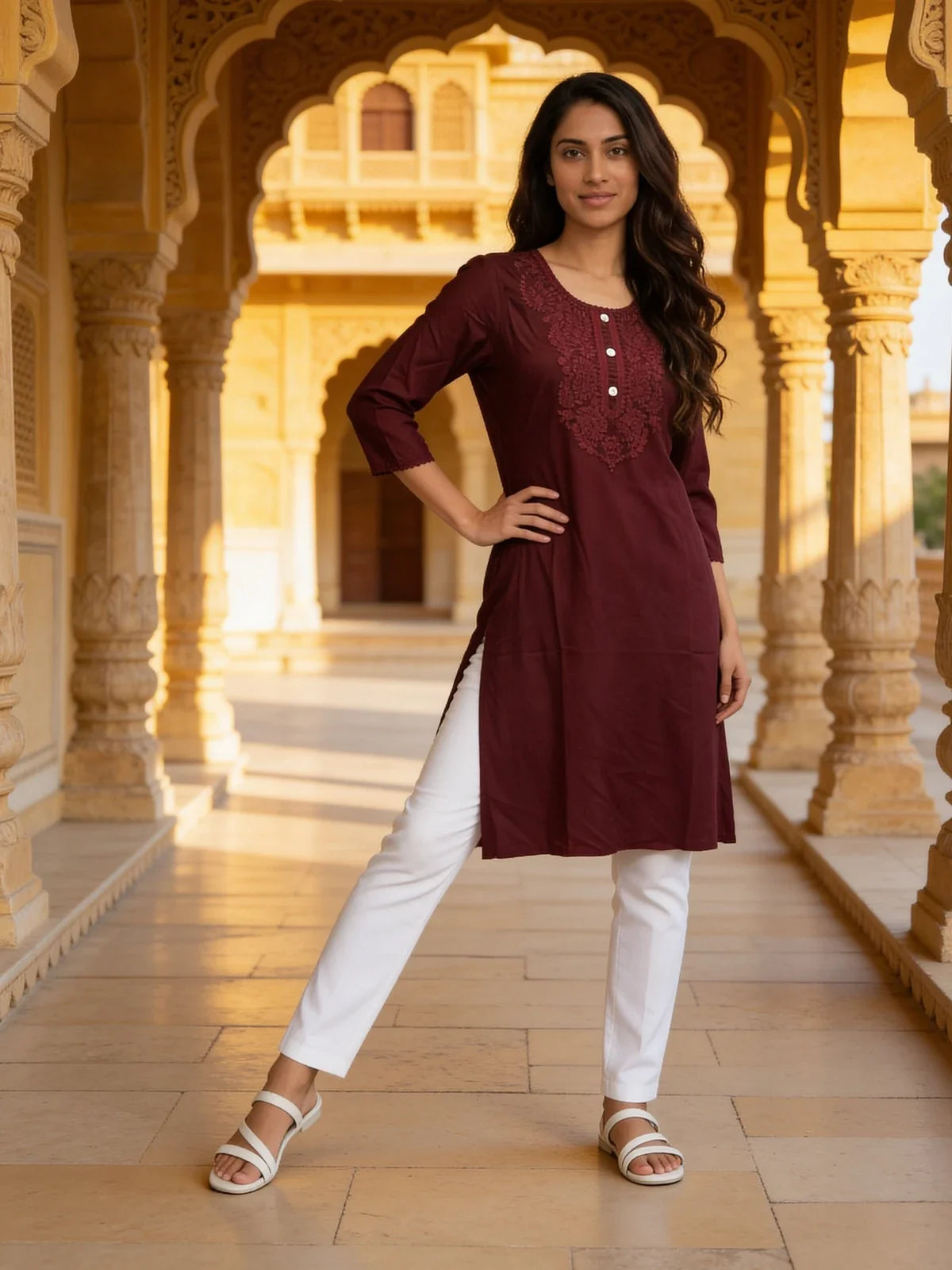 Buy Rayon Embroidered Straight Calf Length Kurta-Wine